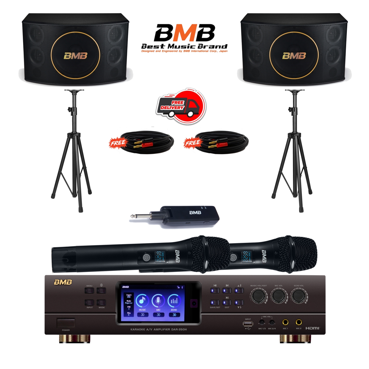 BMB DAR-350H 4K HDMI ARC Optical Bluetooth Karaoke Amplifier, WH-210 UHF Wireless Microphones, CSJ-12 12" Karaoke Speakers, and Tripod Speaker Stands