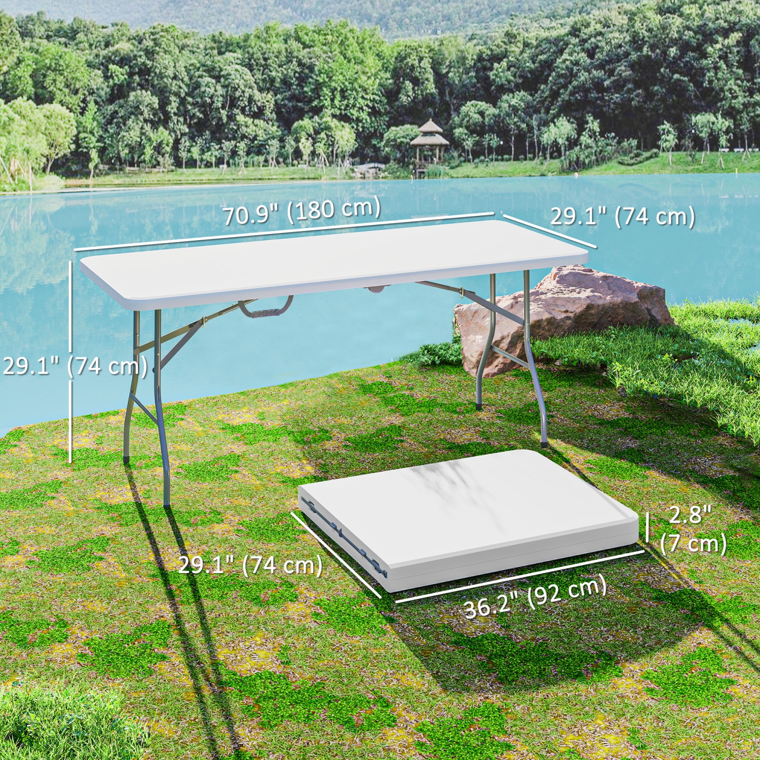 Outsunny 6ft Folding Table, Portable Plastic Camping Table with Carrying Handle, Outdoor Indoor Picnic Table for Camping, Picnic, Party, BBQ, White