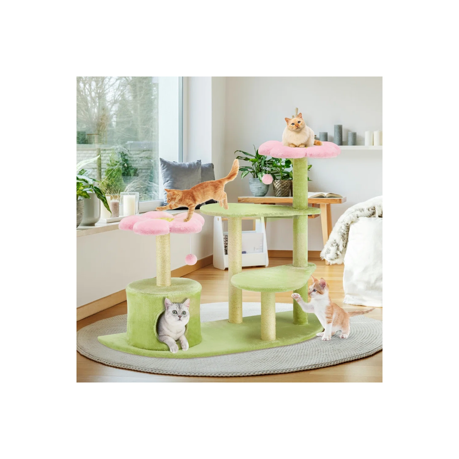 U-HOMY 37" Modern Cat Tree Tower for Indoor Cats, Multi-Level Kitty Condo with Sisal Scratching Posts, Interactive Swing Ball, Plush Perch - Green