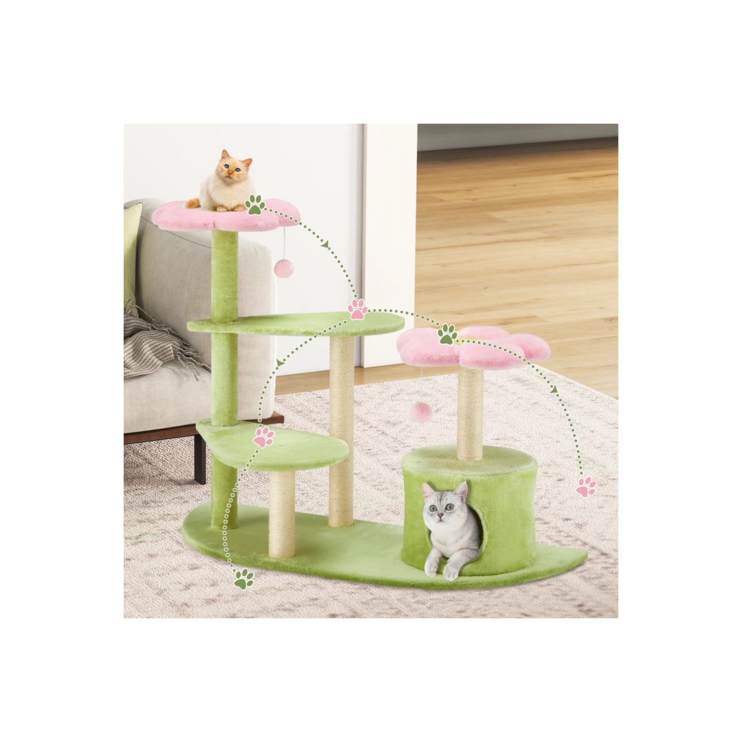 U-HOMY 37" Modern Cat Tree Tower for Indoor Cats, Multi-Level Kitty Condo with Sisal Scratching Posts, Interactive Swing Ball, Plush Perch - Green