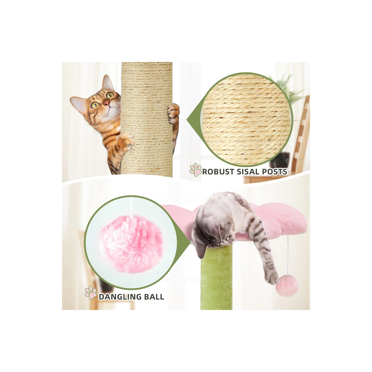 U-HOMY 37" Modern Cat Tree Tower for Indoor Cats, Multi-Level Kitty Condo with Sisal Scratching Posts, Interactive Swing Ball, Plush Perch - Green