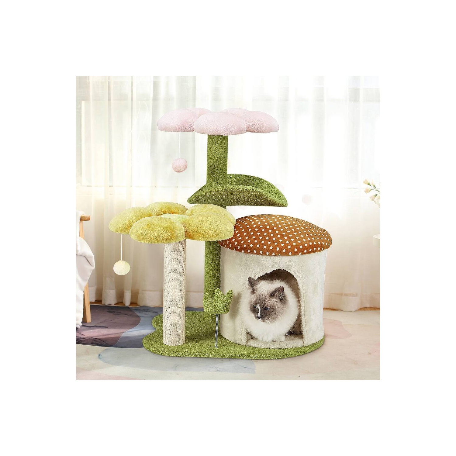 U-HOMY 30-Inch Cat Tree for Indoor Cats, Multi-Level Tower with Sisal Scratching Posts, Swing Ball & Plush Perches - Green