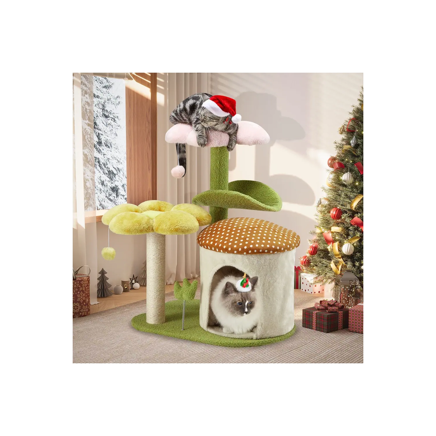 U-HOMY 30-Inch Cat Tree for Indoor Cats, Multi-Level Tower with Sisal Scratching Posts, Swing Ball & Plush Perches - Green