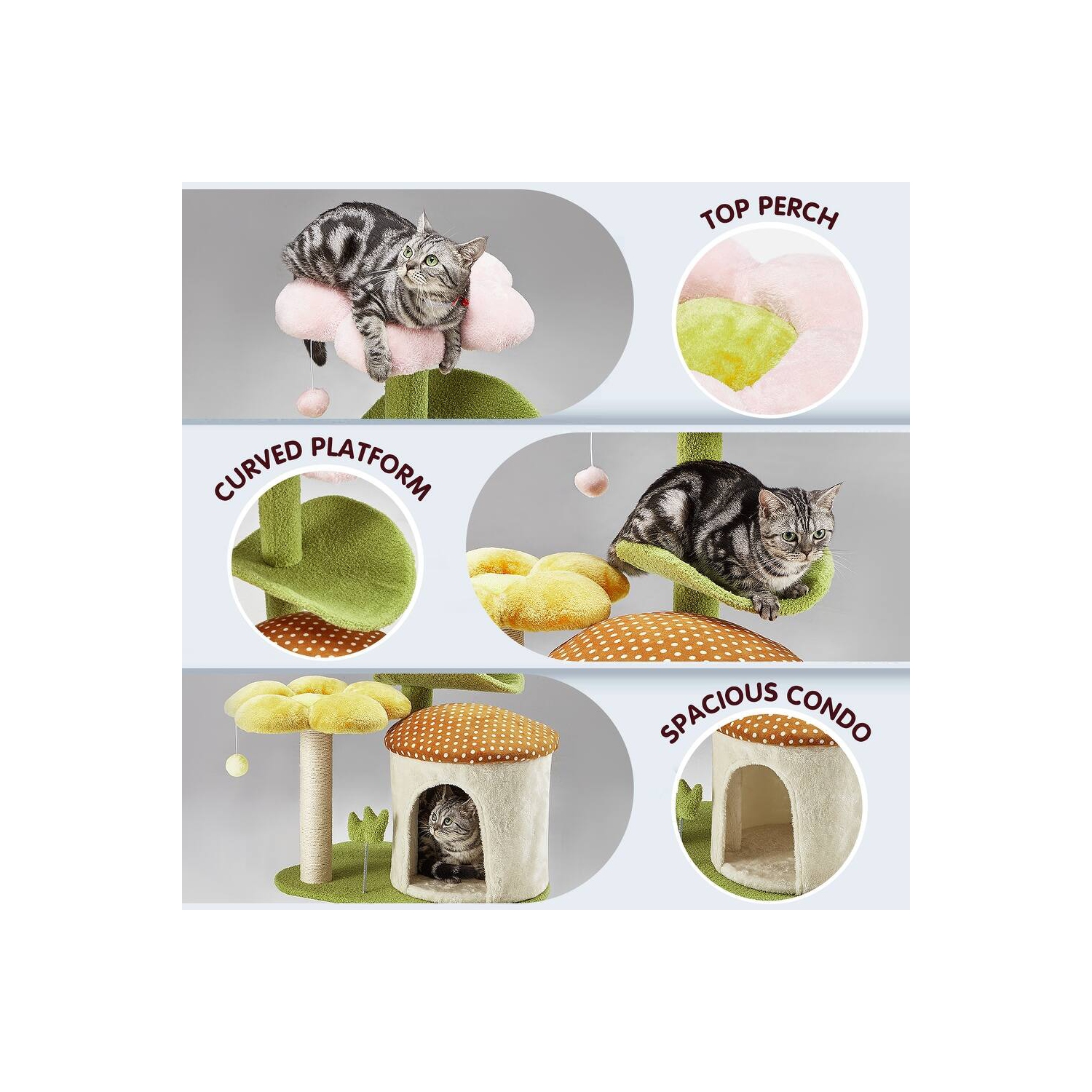 U-HOMY 30-Inch Cat Tree for Indoor Cats, Multi-Level Tower with Sisal Scratching Posts, Swing Ball & Plush Perches - Green