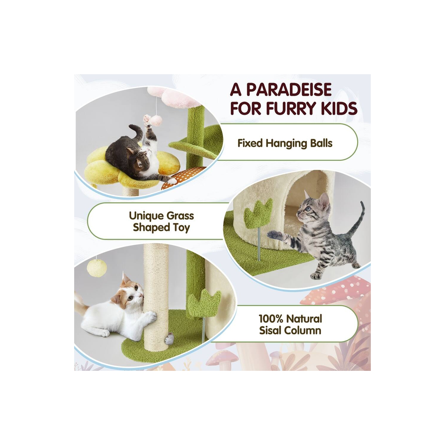 U-HOMY 30-Inch Cat Tree for Indoor Cats, Multi-Level Tower with Sisal Scratching Posts, Swing Ball & Plush Perches - Green