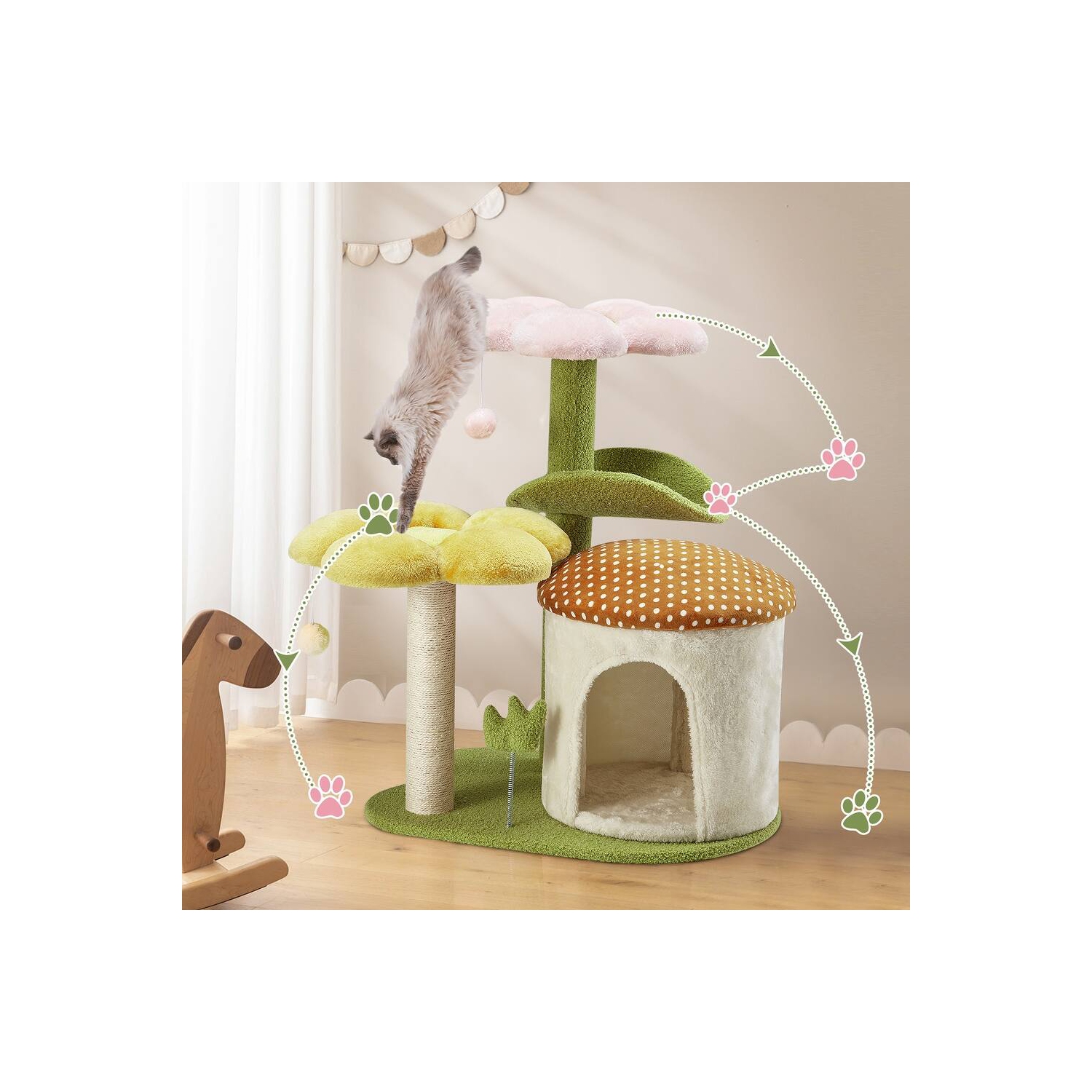 U-HOMY 30-Inch Cat Tree for Indoor Cats, Multi-Level Tower with Sisal Scratching Posts, Swing Ball & Plush Perches - Green