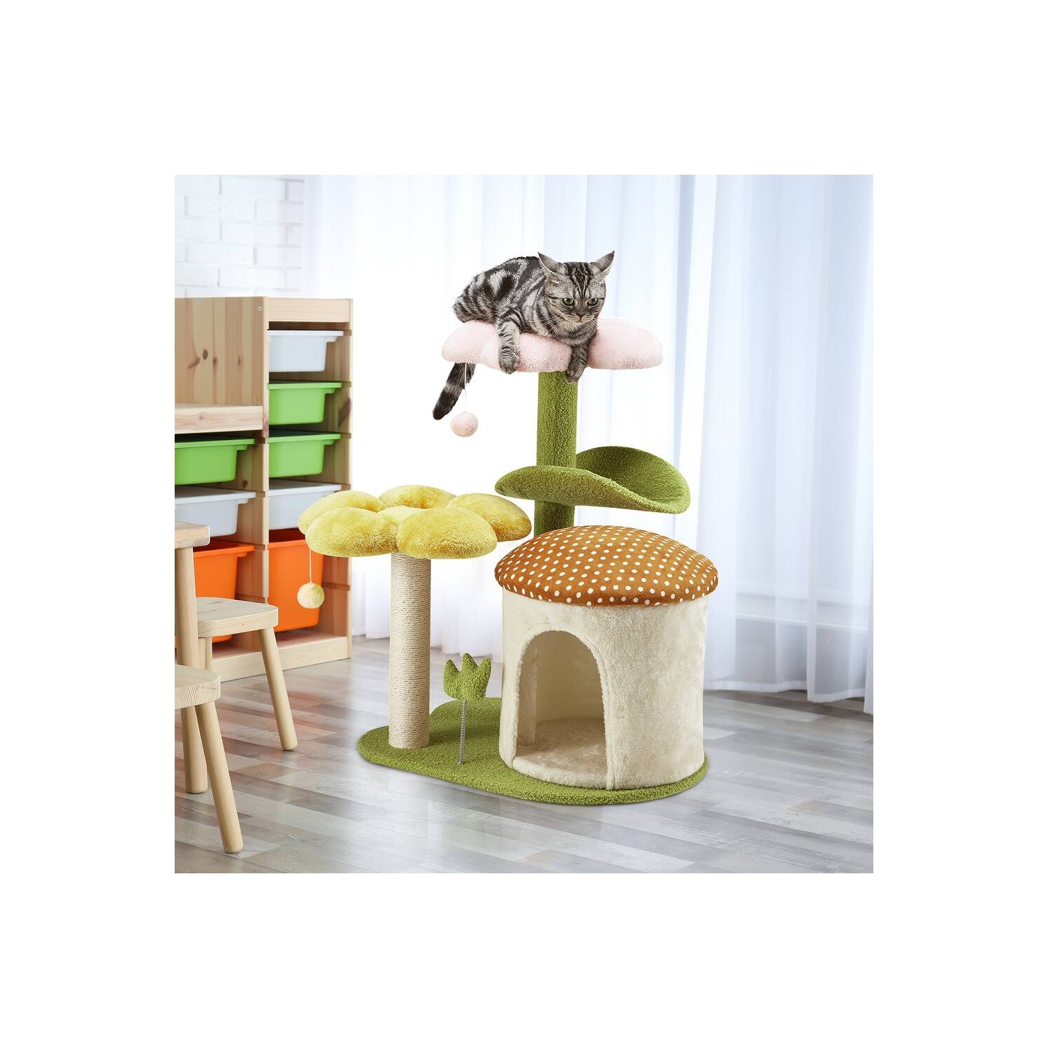 U-HOMY 30-Inch Cat Tree for Indoor Cats, Multi-Level Tower with Sisal Scratching Posts, Swing Ball & Plush Perches - Green