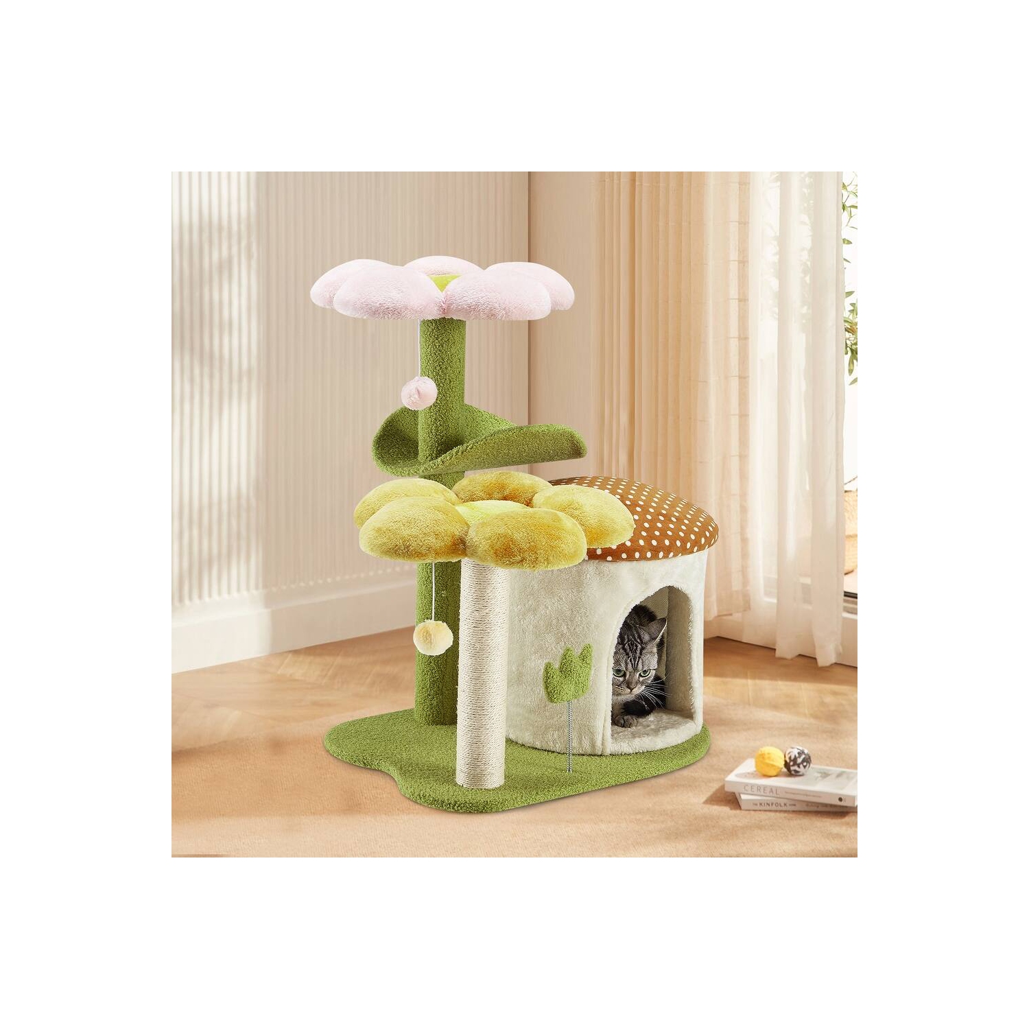 U-HOMY 30-Inch Cat Tree for Indoor Cats, Multi-Level Tower with Sisal Scratching Posts, Swing Ball & Plush Perches - Green