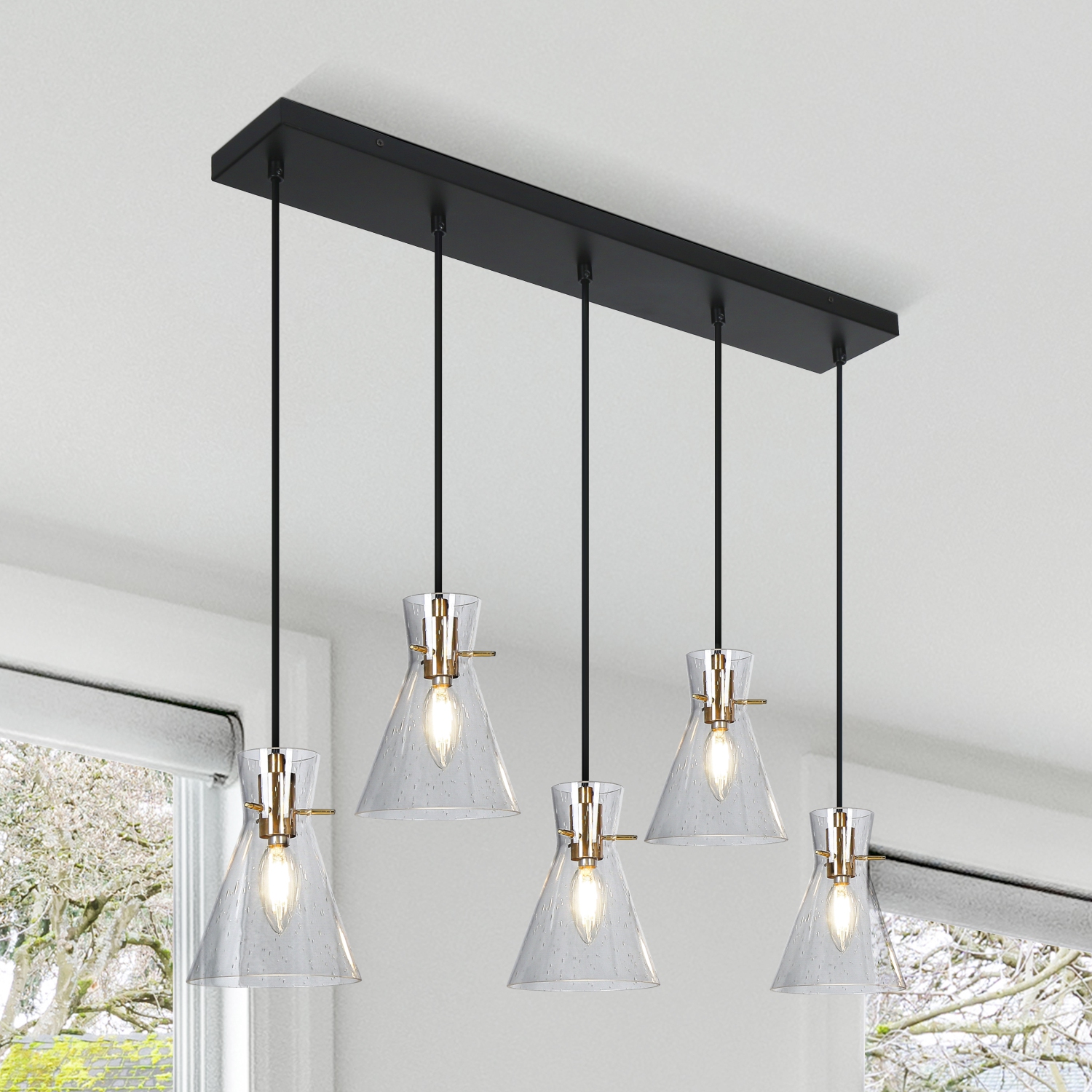 Uolfin 5 -Light Matte Black Linear with Seeded Bell Glass Shade Modern/contemporary For Use in Bedrooms, Dining Rooms, Foyers, Kitchens, Living Rooms