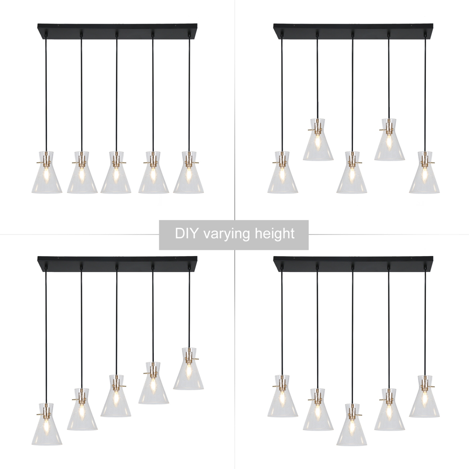 Uolfin 5 -Light Matte Black Linear with Seeded Bell Glass Shade Modern/contemporary For Use in Bedrooms, Dining Rooms, Foyers, Kitchens, Living Rooms
