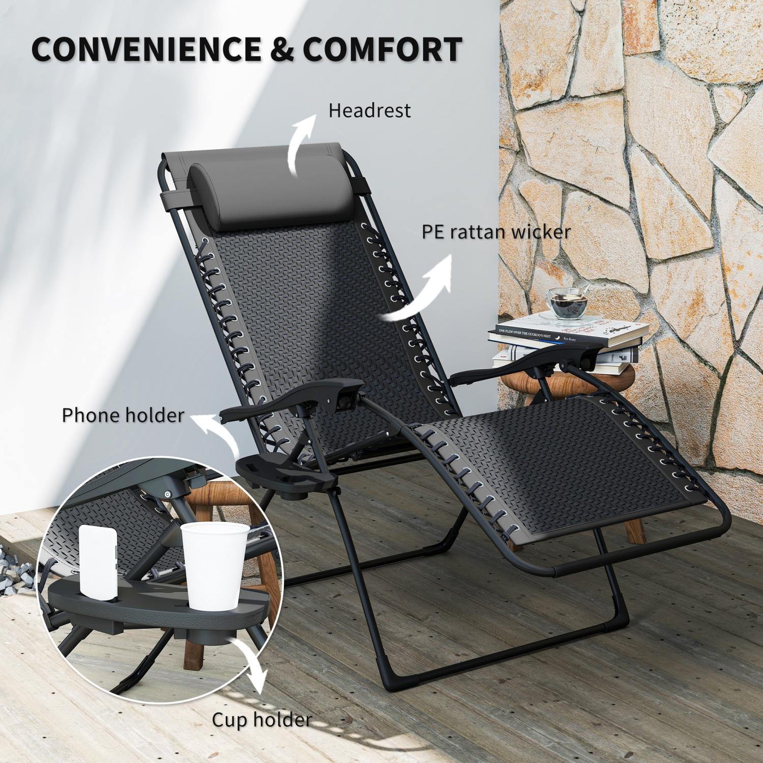 Chaise longue inclinable extérieure en osier Outsunny Zero Gravity Chair avec appuie-tête, plateau d'appoint pour patio, jardin, balcon, terrasse,
