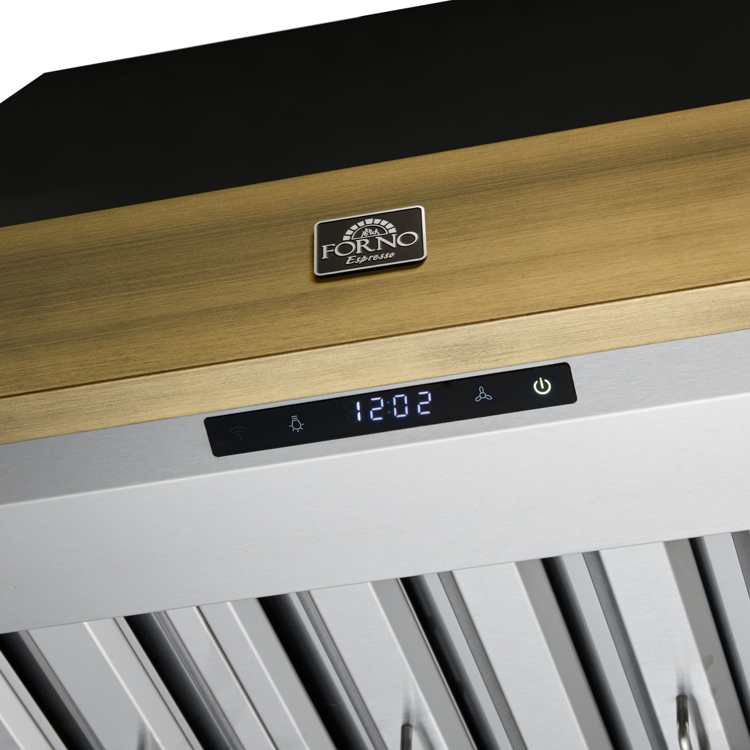 Forno Vittorio 36-Inch Wall Mount Range Hood, Black with Antique Brass Trim, 600 CFM Airflow, Dishwasher-Safe Baffle Filters, Remote Control, 3-Speed