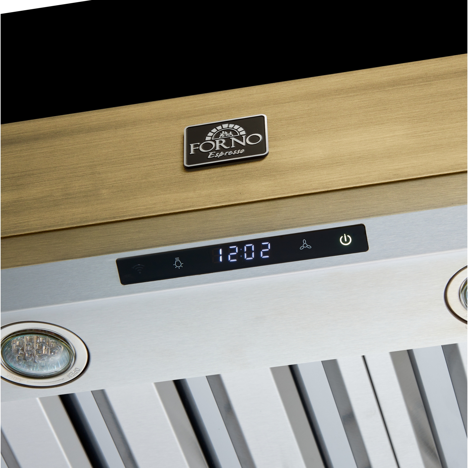 Forno Vittorio 48-Inch Wall Mount Range Hood, Black with Antique Brass Trim, 600 CFM Airflow, Dishwasher-Safe Baffle Filters, Remote Control, 3-Speed