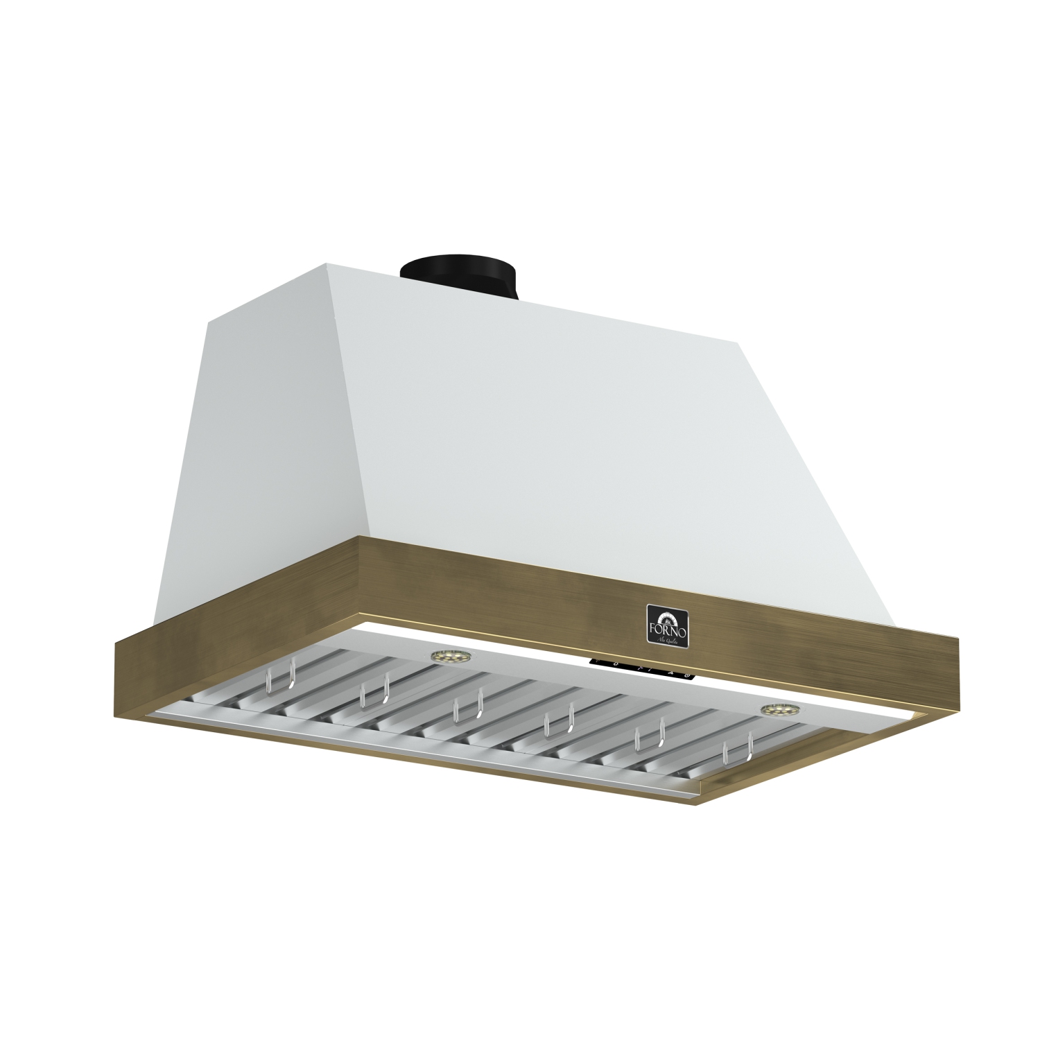 Forno Vittorio 36-Inch Wall Mount Range Hood, White with Antique Brass Trim, 600 CFM Airflow, Dishwasher-Safe Baffle Filters, Remote Control, 3-Speed