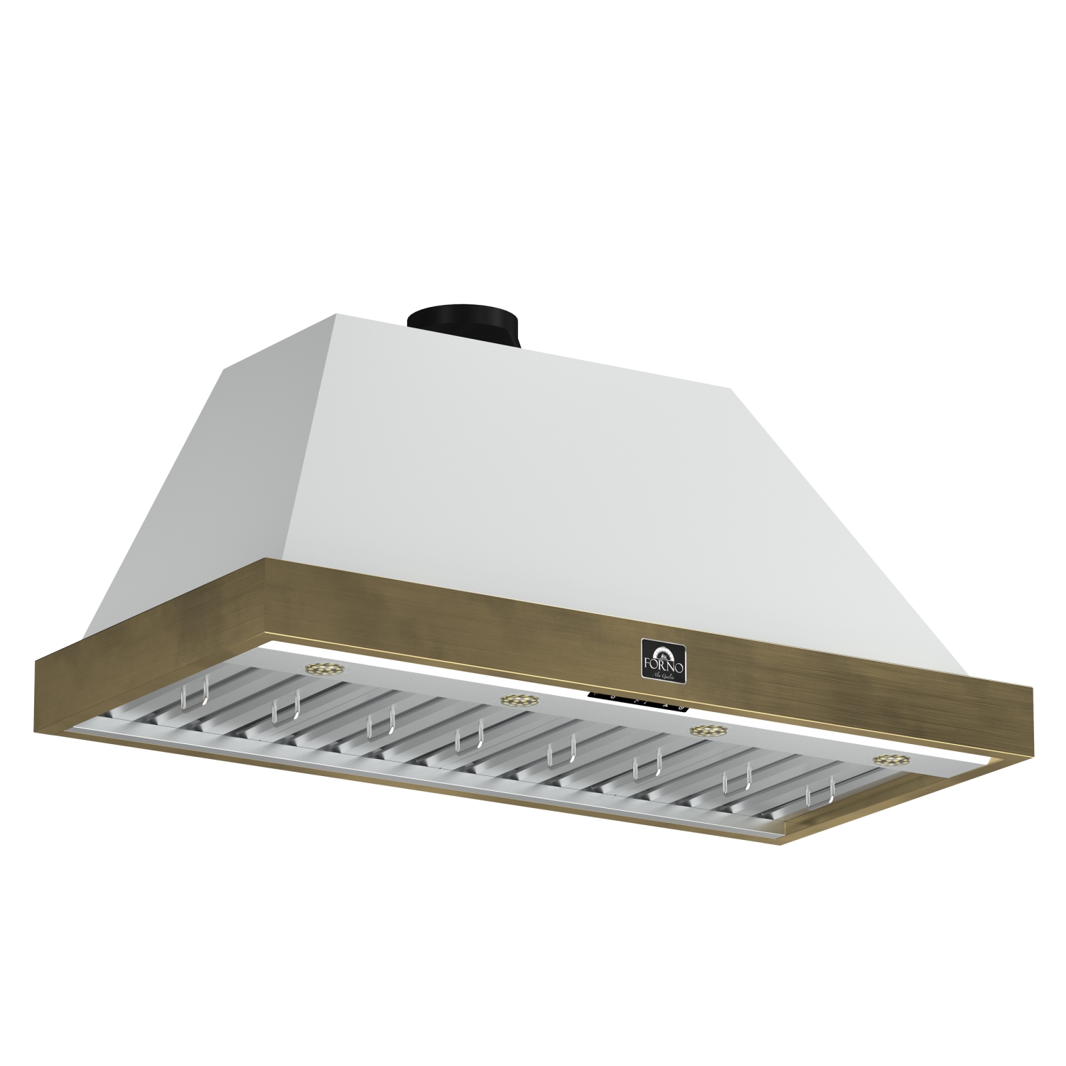 Forno Vittorio 48-Inch Wall Mount Range Hood, White with Antique Brass Trim, 600 CFM Airflow, Dishwasher-Safe Baffle Filters, Remote Control, 3-Speed