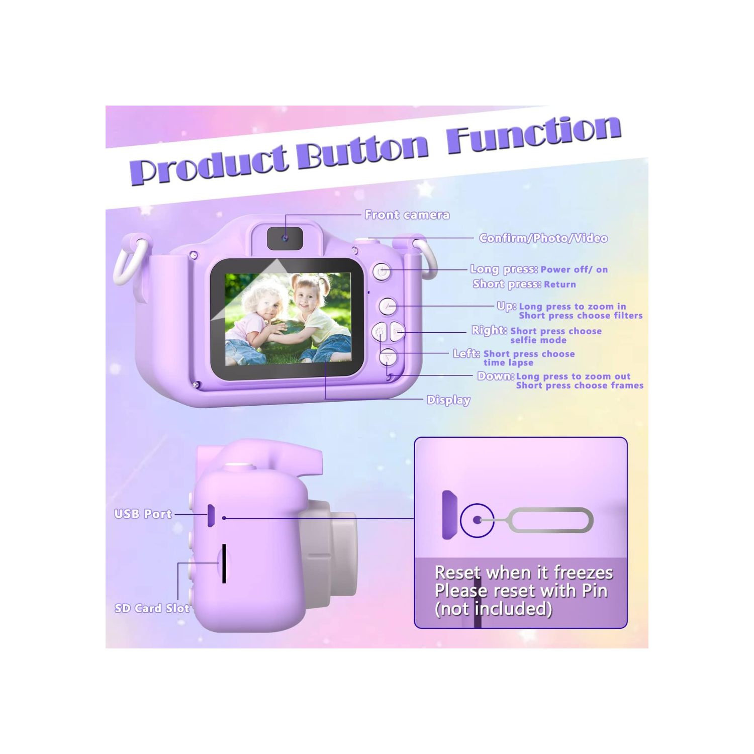 Kids Camera Toddler Camera for Girls, Christmas Birthday Gifts for Girls Age 3-6, Kids Digital Camera for 7 8 9 10 12 Year Old, Selfie Camera for