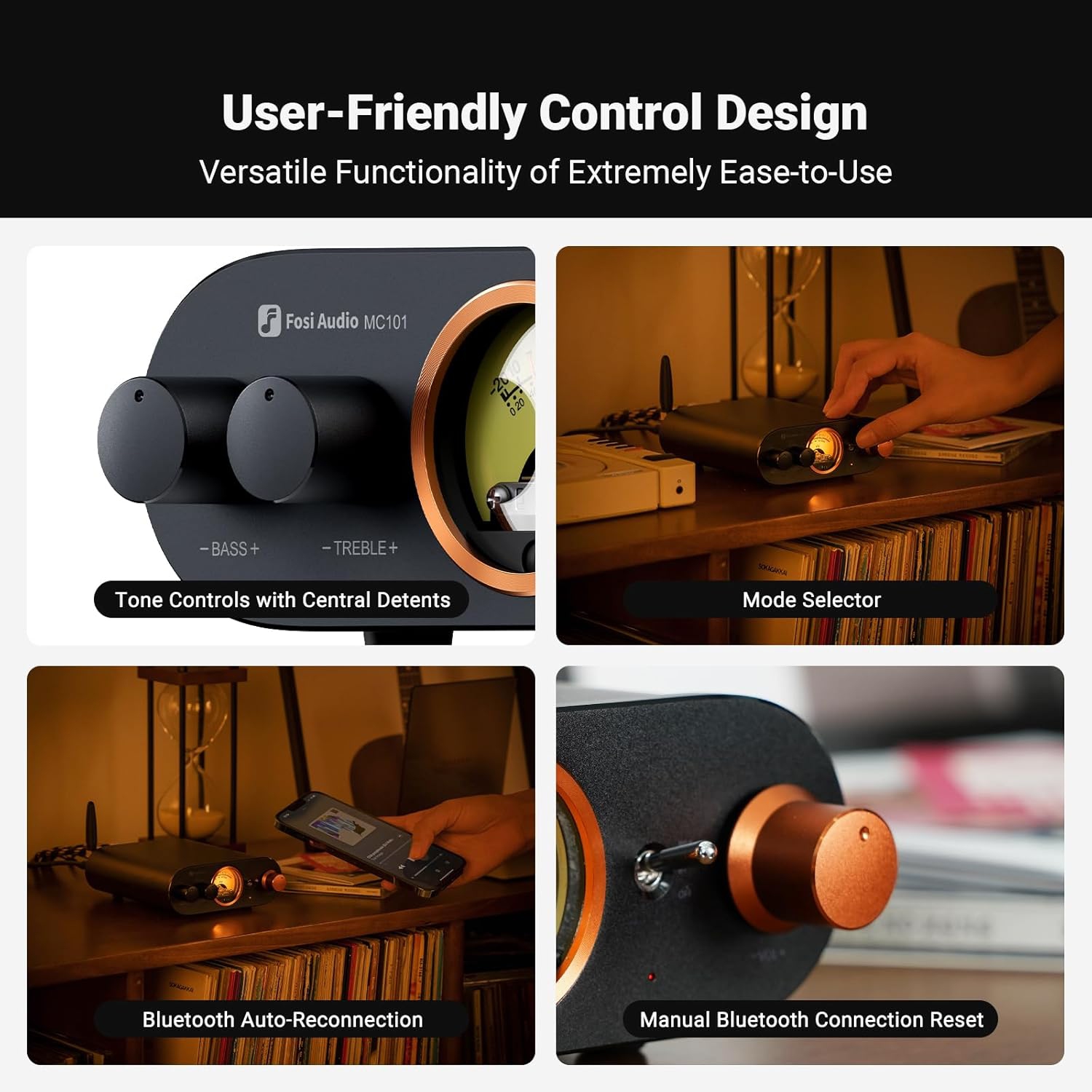 Fosi Audio – Amplificateur stéréo Bluetooth MC101 avec VU Meter, récepteur haute-fidélité 2 canaux