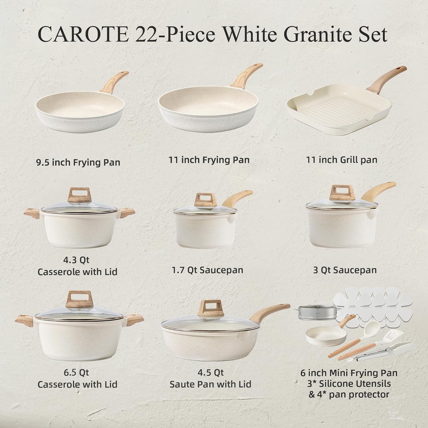 CAROTE 22Pcs Pots and Pans Set, Nonstick Cookware Sets, Granite Induction Cookware Non Stick Cooking Set w/Frying Pans & Saucepans(PFOS, PFOA Free)