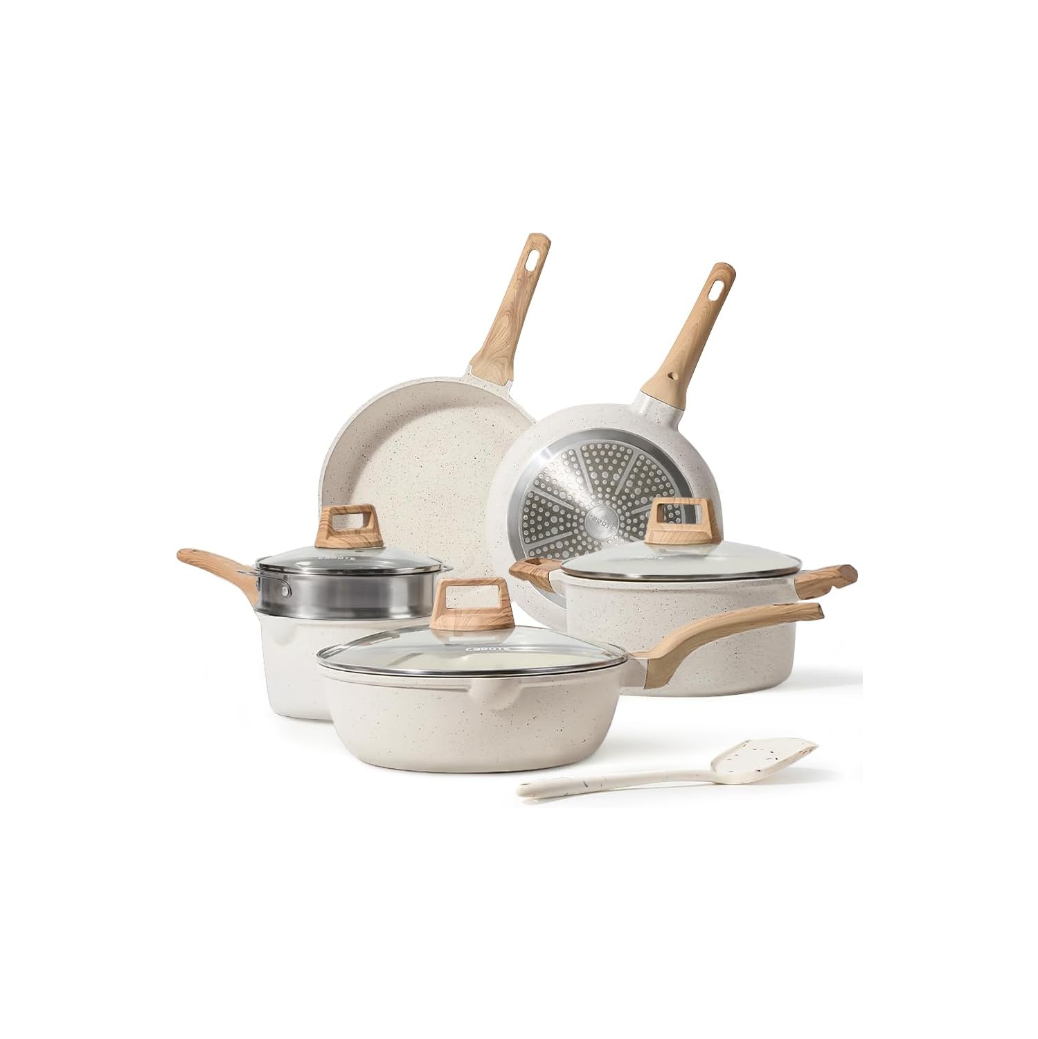 Batterie de cuisine antiadhésive en granite blanc à induction, 10 pièces de cuisson antiadhésives avec poêles à frire et casseroles de CAROTE