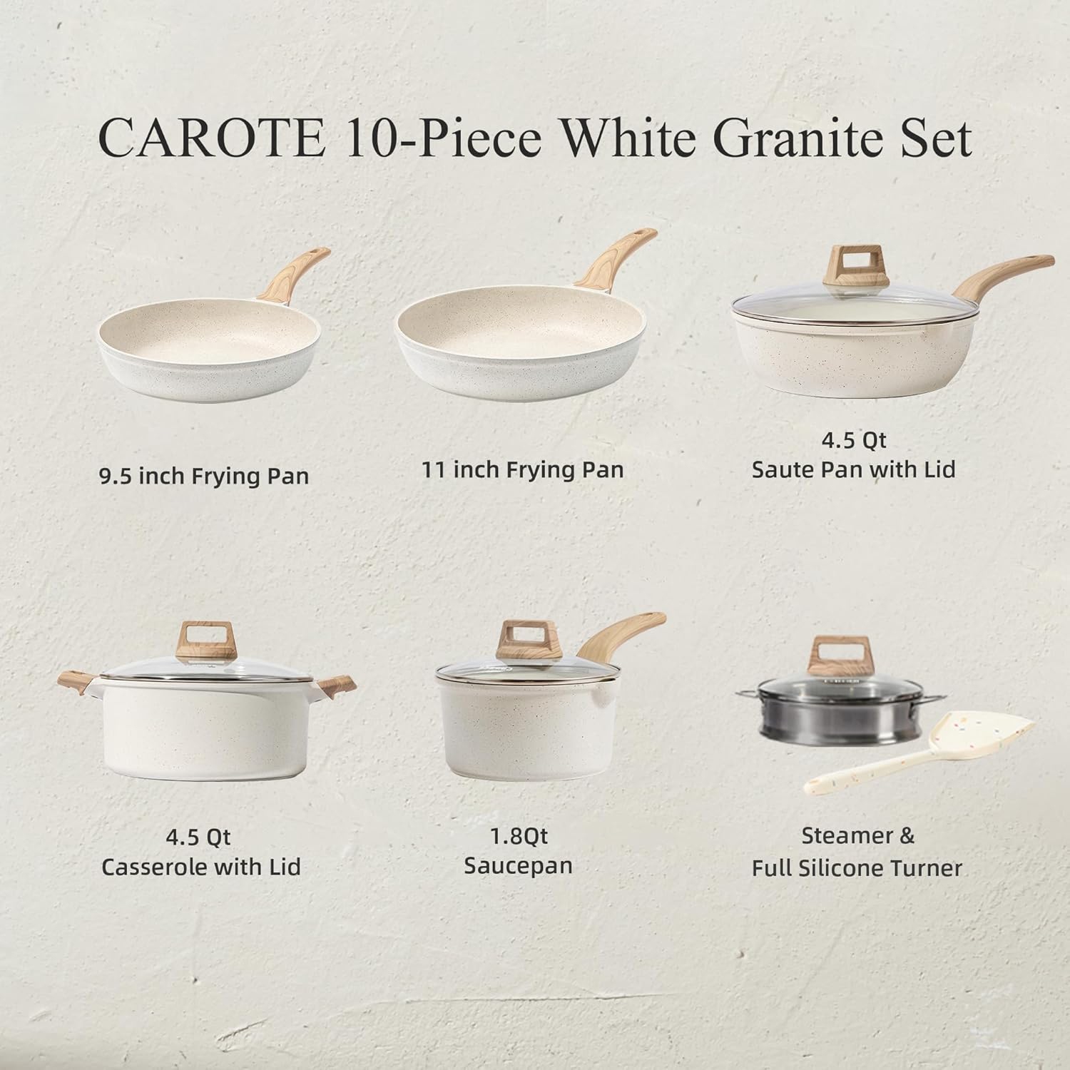 Batterie de cuisine antiadhésive en granite blanc à induction, 10 pièces de cuisson antiadhésives avec poêles à frire et casseroles de CAROTE