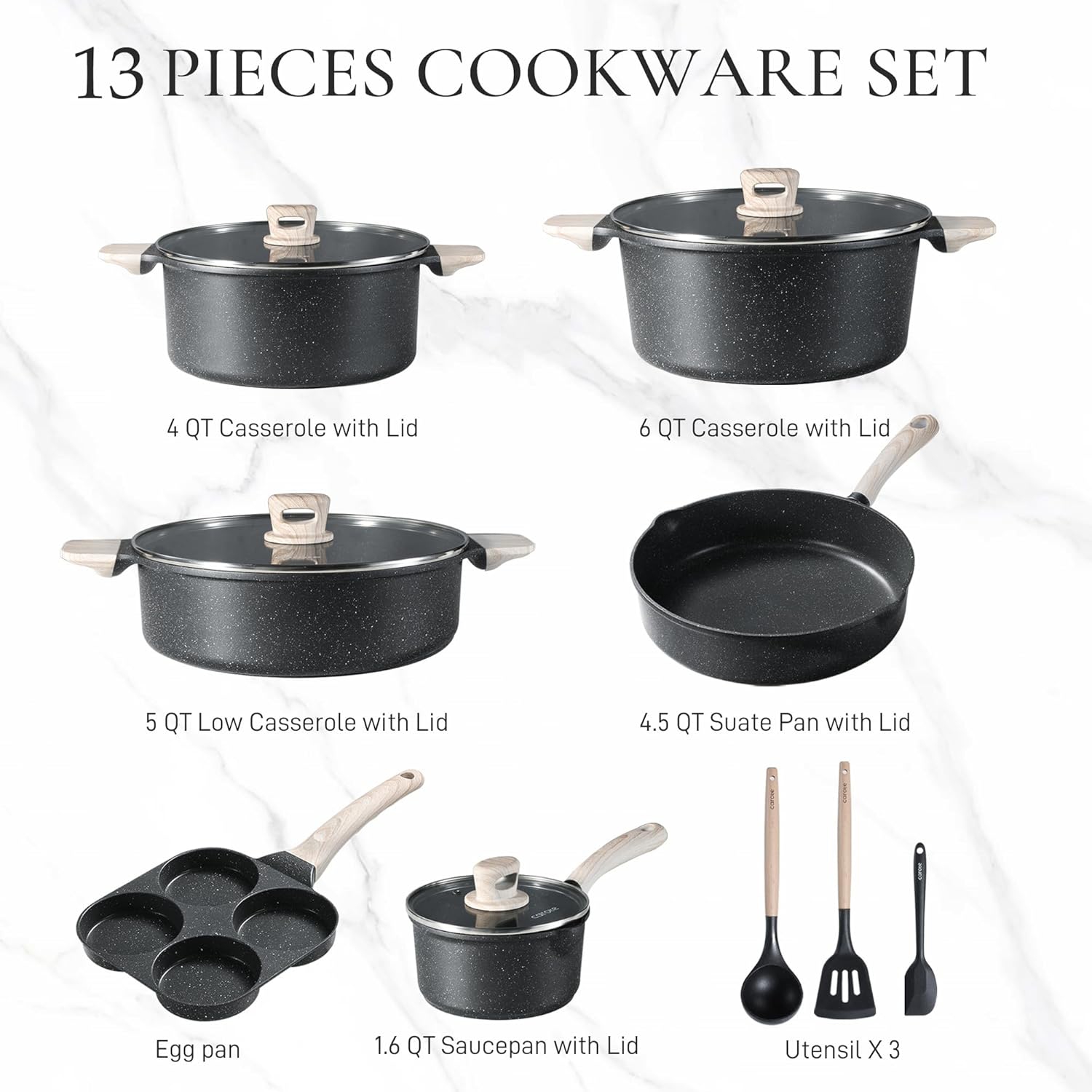 CAROTE Nonstick Pots and Pans Set, Cookware Set Induction Kitchen Cooking Set w/Stock pot & Saucepans, CLassic Black 13pcs