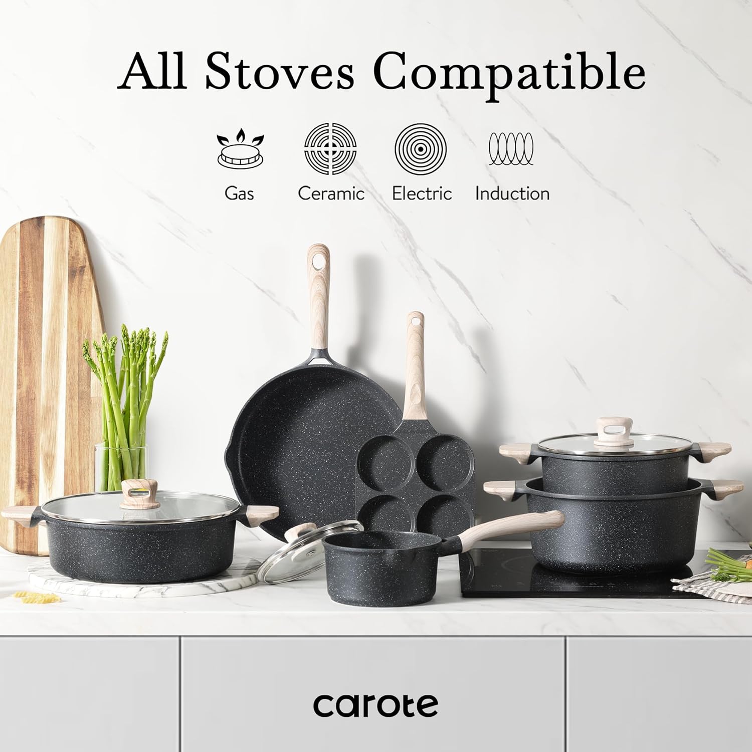 CAROTE Nonstick Pots and Pans Set, Cookware Set Induction Kitchen Cooking Set w/Stock pot & Saucepans, CLassic Black 13pcs