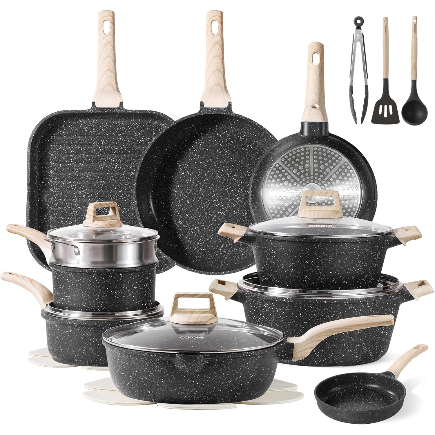 CAROTE 22Pcs Pots and Pans Set, Nonstick Cookware Sets, Granite Induction Cookware Non Stick Cooking Set w/Frying Pans & Saucepans(PFOS, PFOA Free)