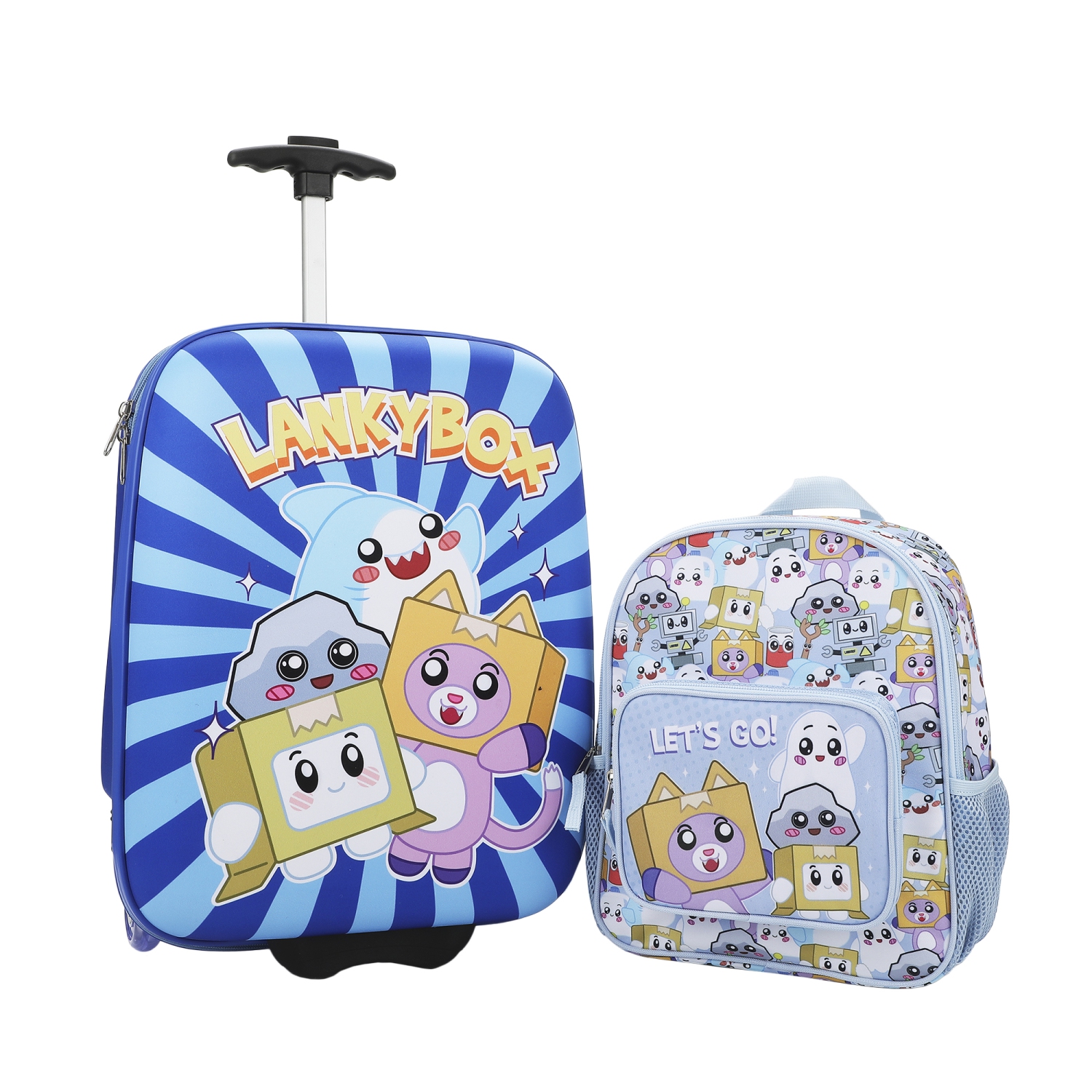 LankyBox Character Group Shot 2-Piece Youth EVA Wheeled Youth Luggage & Travel Backpack Set