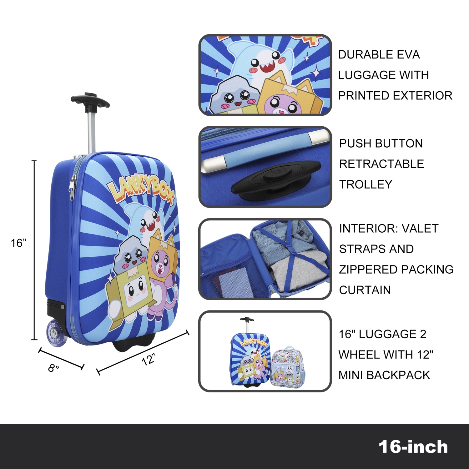 LankyBox Character Group Shot 2-Piece Youth EVA Wheeled Youth Luggage & Travel Backpack Set