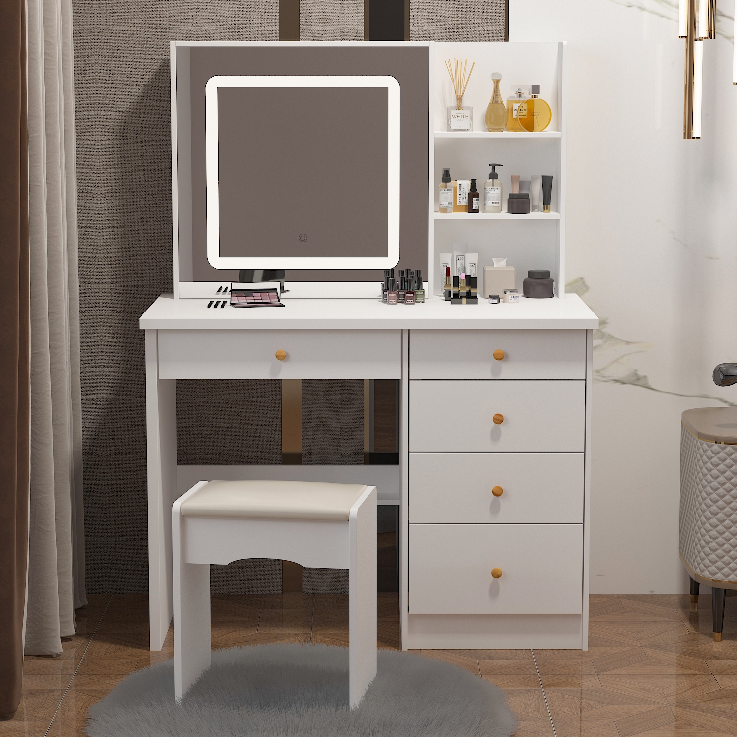 Famapy – Coiffeuse moderne avec miroir éclairé – Table à langer Makeup à 5 tiroirs et tablettes de rangement, tabouret rembourré pour chambre,