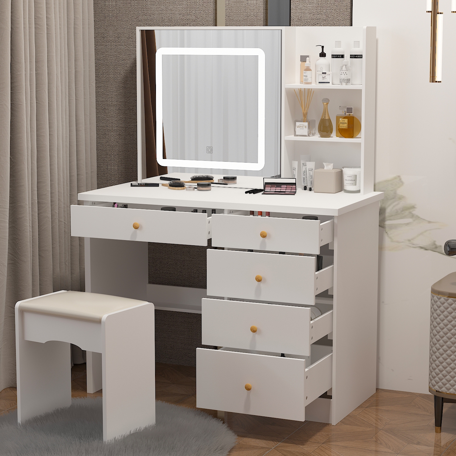 Famapy – Coiffeuse moderne avec miroir éclairé – Table à langer Makeup à 5 tiroirs et tablettes de rangement, tabouret rembourré pour chambre,