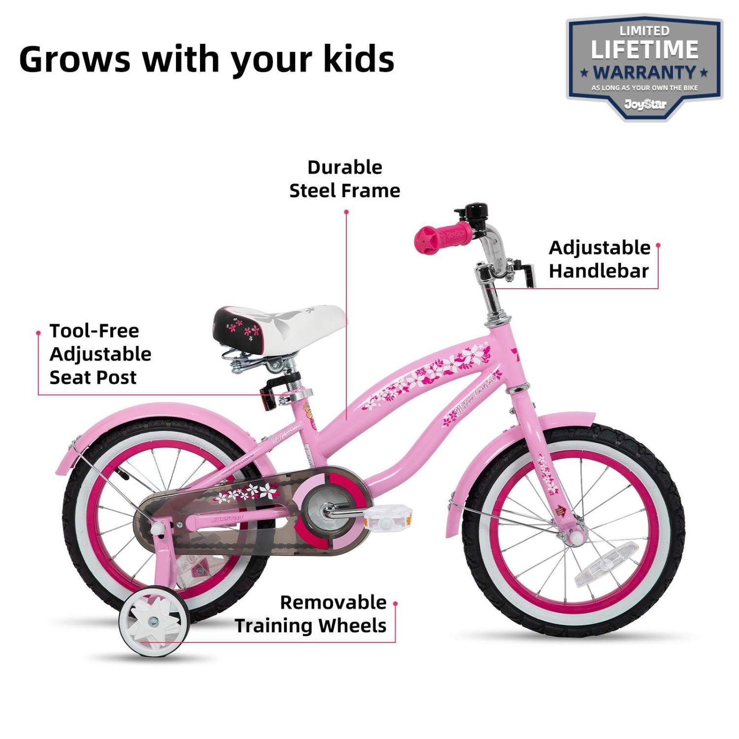 Vélo JOYSTAR pour filles de 16&nbsp;po avec roues d'entraînement pour enfants de 4-7 ans Jeunes filles Vélo de plage Cruiser pour enfants Vélo rose
