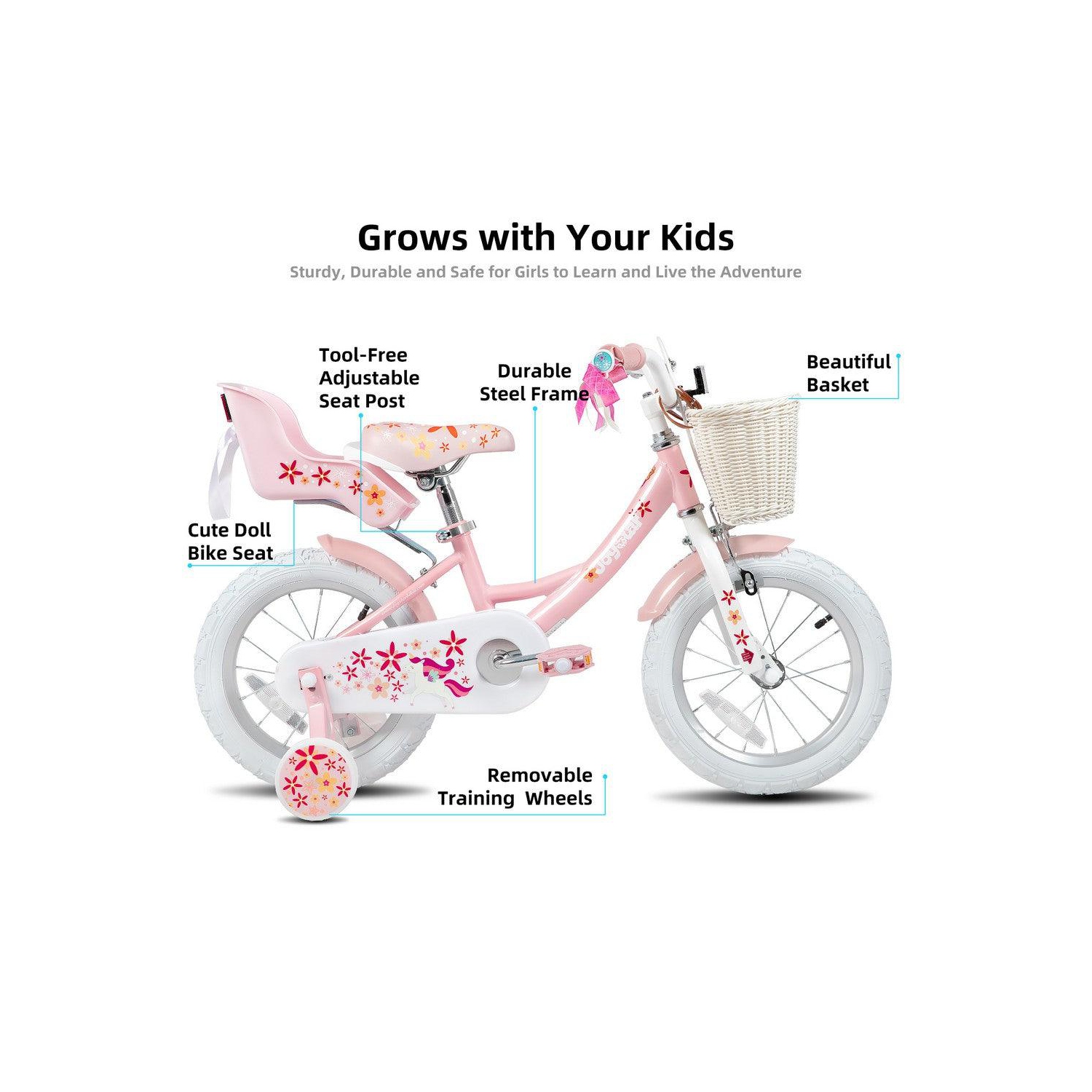 JOYSTAR Unicorn 16 Inch Girls Bike for Ages 4-6 Years | Princess-Themed Kids Bike with Training Wheels, Doll Seat, Basket & Streamers | Pink