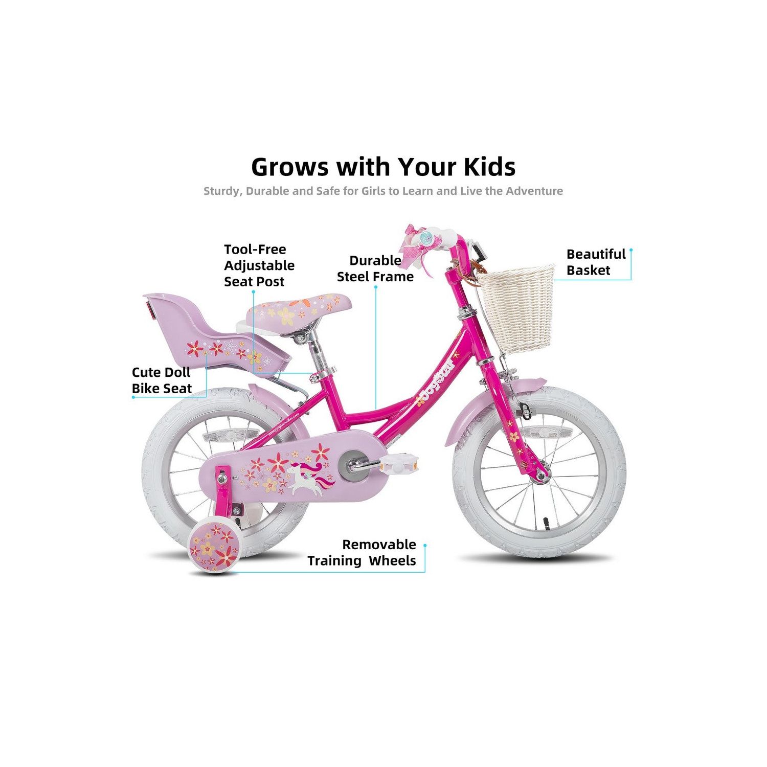 JOYSTAR Unicorn 12 Inch Girls Bike for Ages 2-4 Years | Princess-Themed Toddler Bike with Training Wheels, Doll Seat, Basket & Streamers | Fuchsia