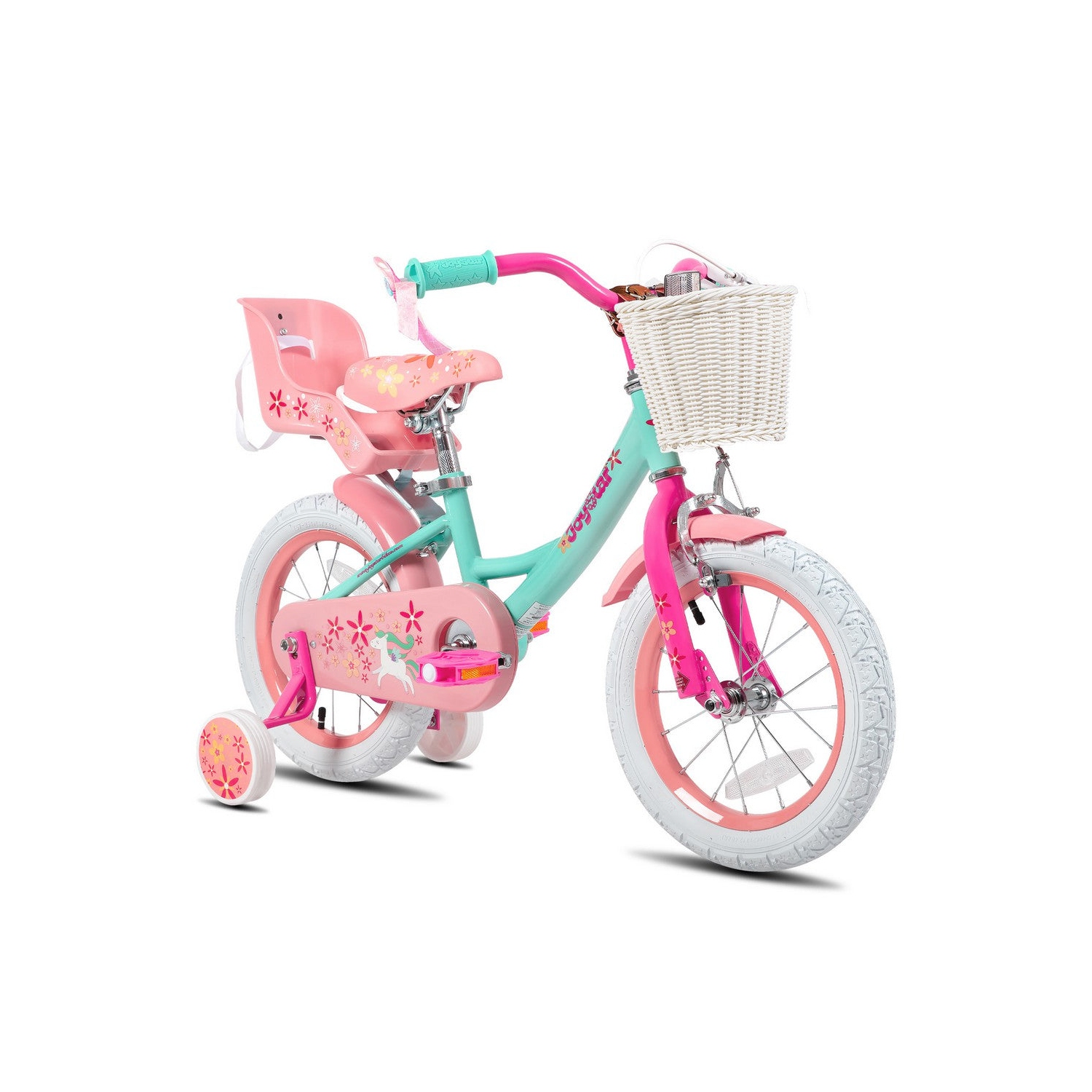 JOYSTAR Unicorn 14 Inch Girls Bike for Ages 3-5 Years | Princess-Themed Kids Bicycle with Training Wheels, Doll Seat, Basket & Streamers | Green