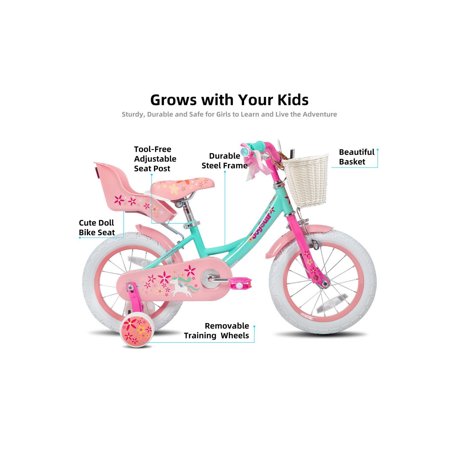 JOYSTAR Unicorn 14 Inch Girls Bike for Ages 3-5 Years | Princess-Themed Kids Bicycle with Training Wheels, Doll Seat, Basket & Streamers | Green