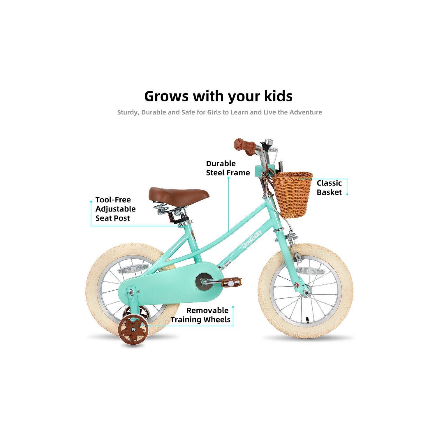 JOYSTAR Fantasy 14&nbsp;po pour enfants 3-5, comprend des roues d'entraînement, un panier, un fini vert élégant