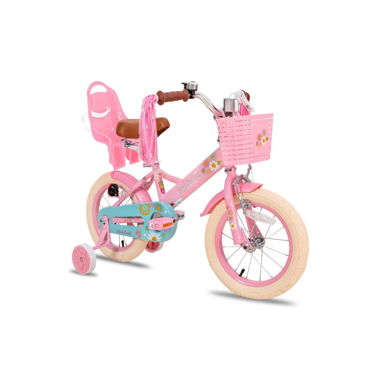 JOYSTAR Little Daisy 14 Inch Girls’ Bicycle with Training Wheels, Doll Seat, Basket, Streamers, Princess Design for Kids 3-5 Years, Pink