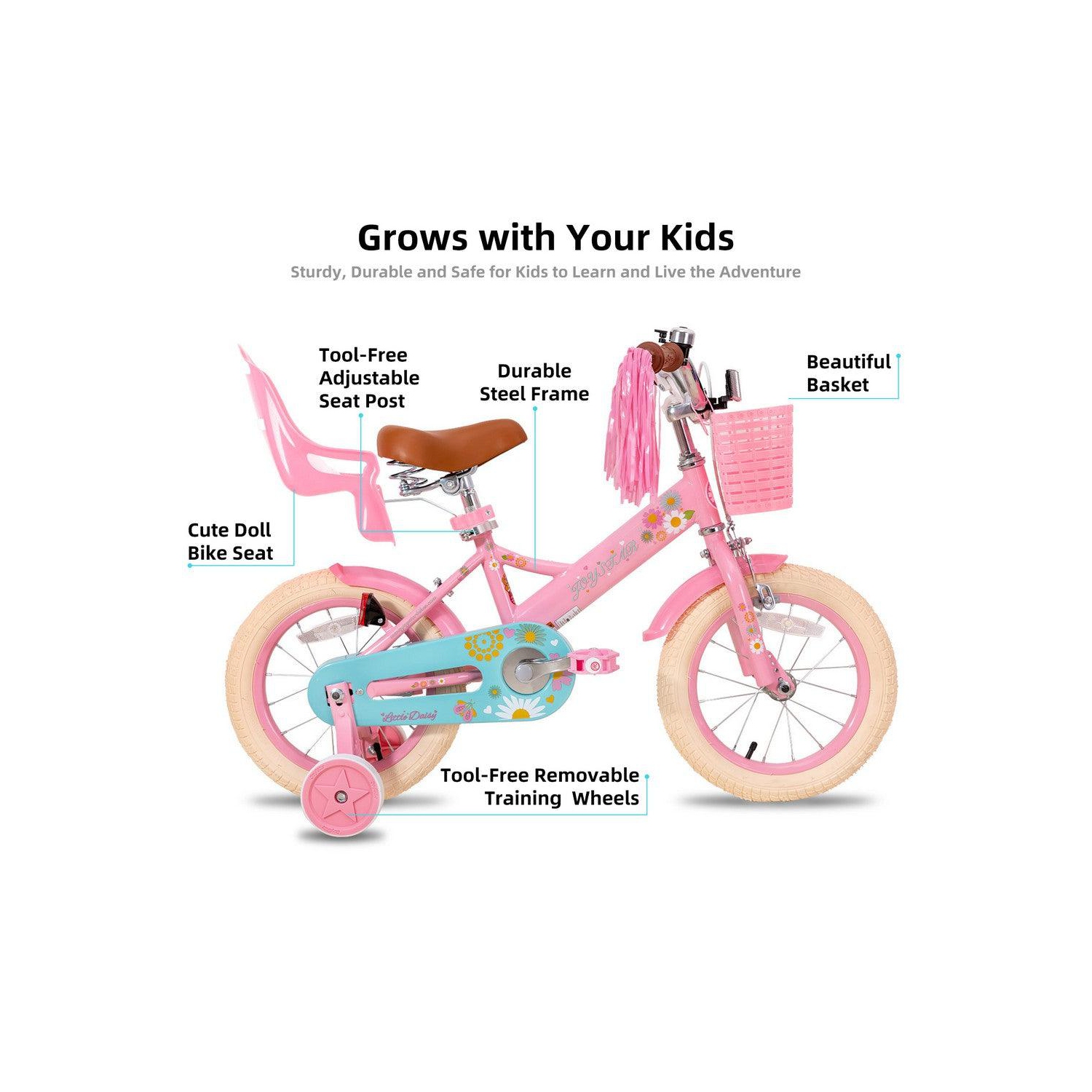 JOYSTAR Little Daisy 14 Inch Girls’ Bicycle with Training Wheels, Doll Seat, Basket, Streamers, Princess Design for Kids 3-5 Years, Pink