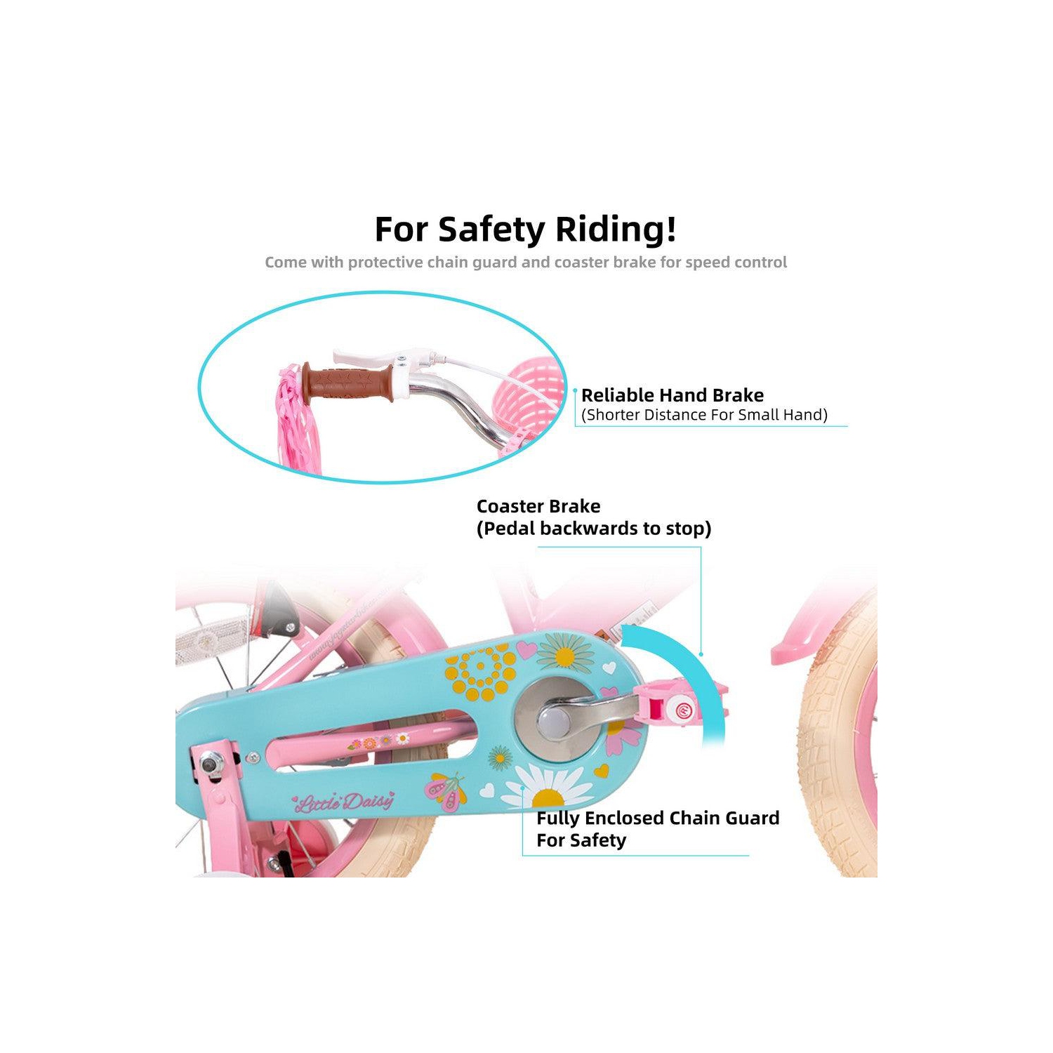 JOYSTAR Little Daisy 14 Inch Girls’ Bicycle with Training Wheels, Doll Seat, Basket, Streamers, Princess Design for Kids 3-5 Years, Pink