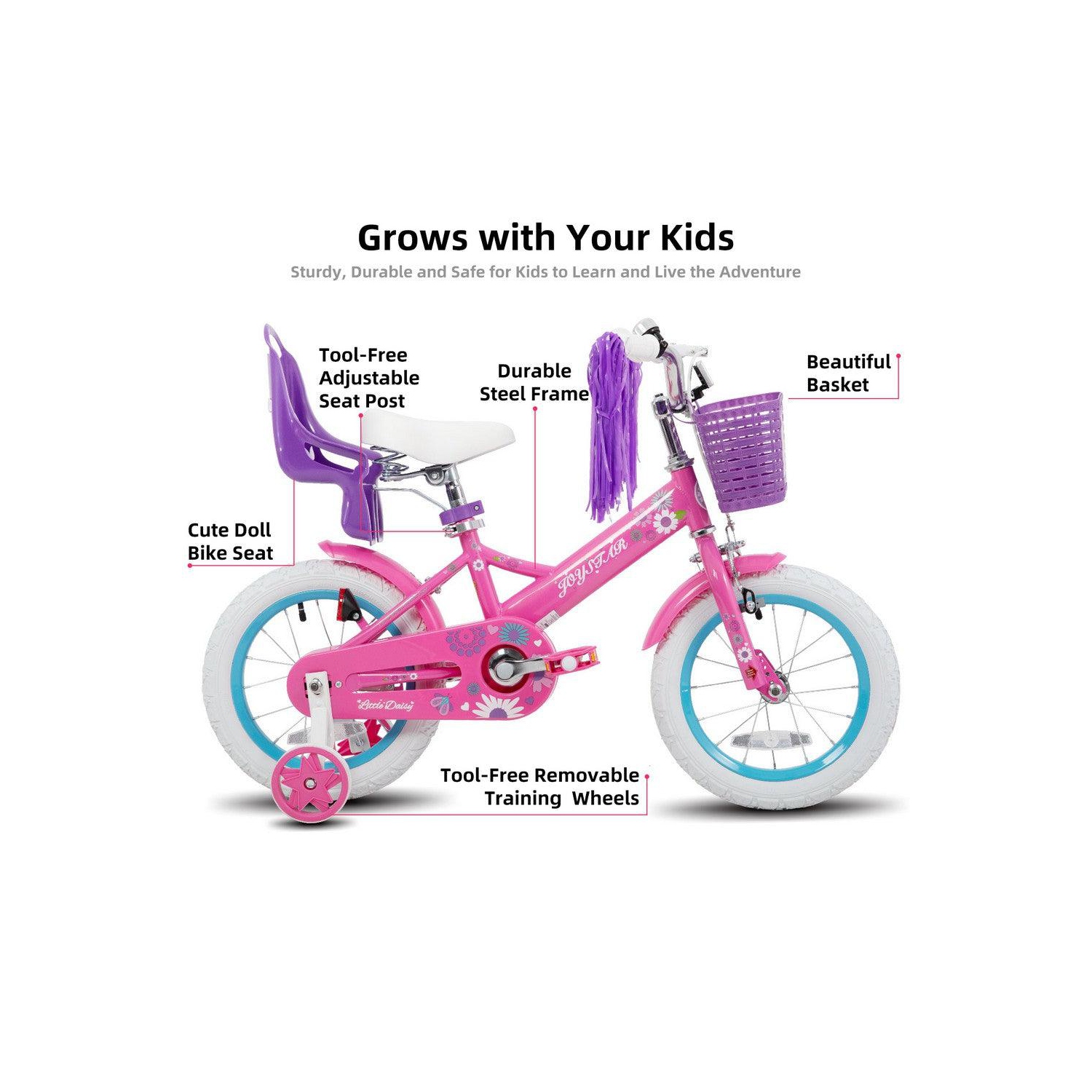 JOYSTAR Little Daisy 14 Inch Toddler Bicycle with Training Wheels, Doll Seat, Basket, Streamers, Princess Ride for Girls 3-5 Years, Fuchsia