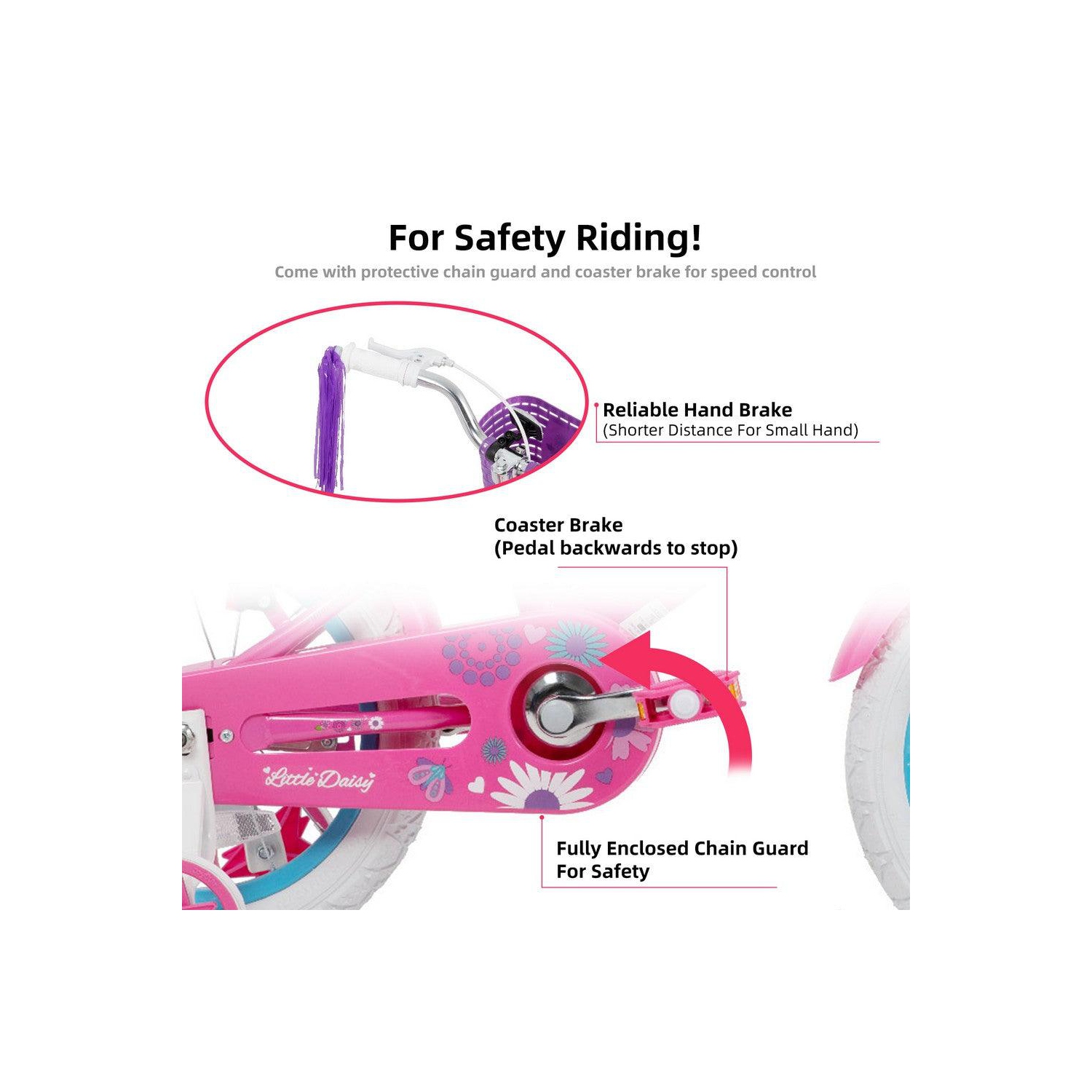 JOYSTAR Little Daisy 14 Inch Toddler Bicycle with Training Wheels, Doll Seat, Basket, Streamers, Princess Ride for Girls 3-5 Years, Fuchsia