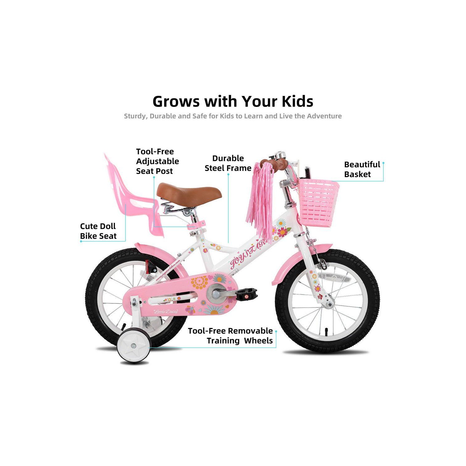 JOYSTAR Little Daisy 12 Inch Girls’ Ride with Training Wheels, Doll Seat, Basket, Streamers, Princess Bicycle for Toddlers 2-4 Years, White