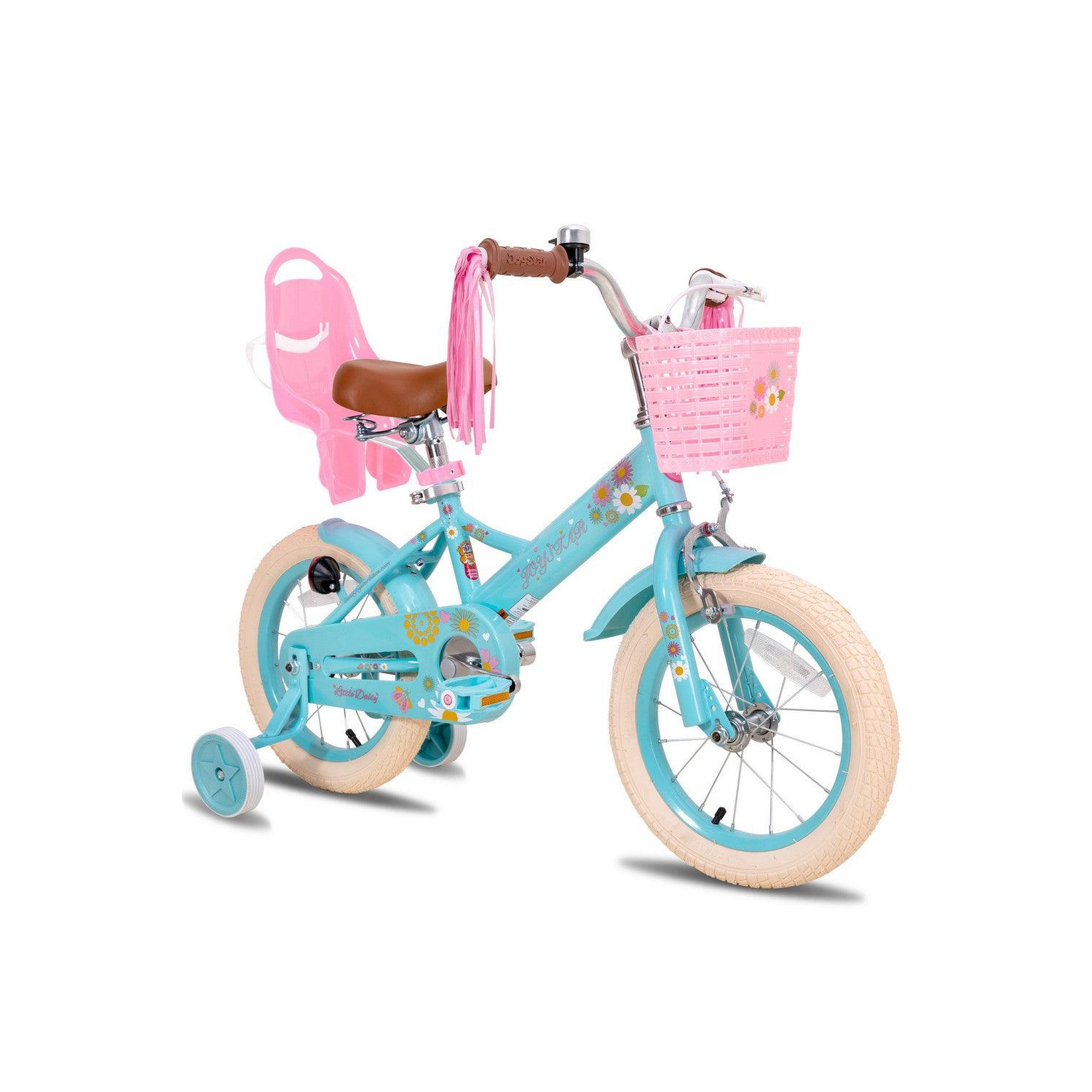 JOYSTAR Little Daisy 14 Inch Kids’ Bike with Training Wheels, Doll Seat, Basket, Streamers, Princess Style for Girls 3-5 Years, Blue