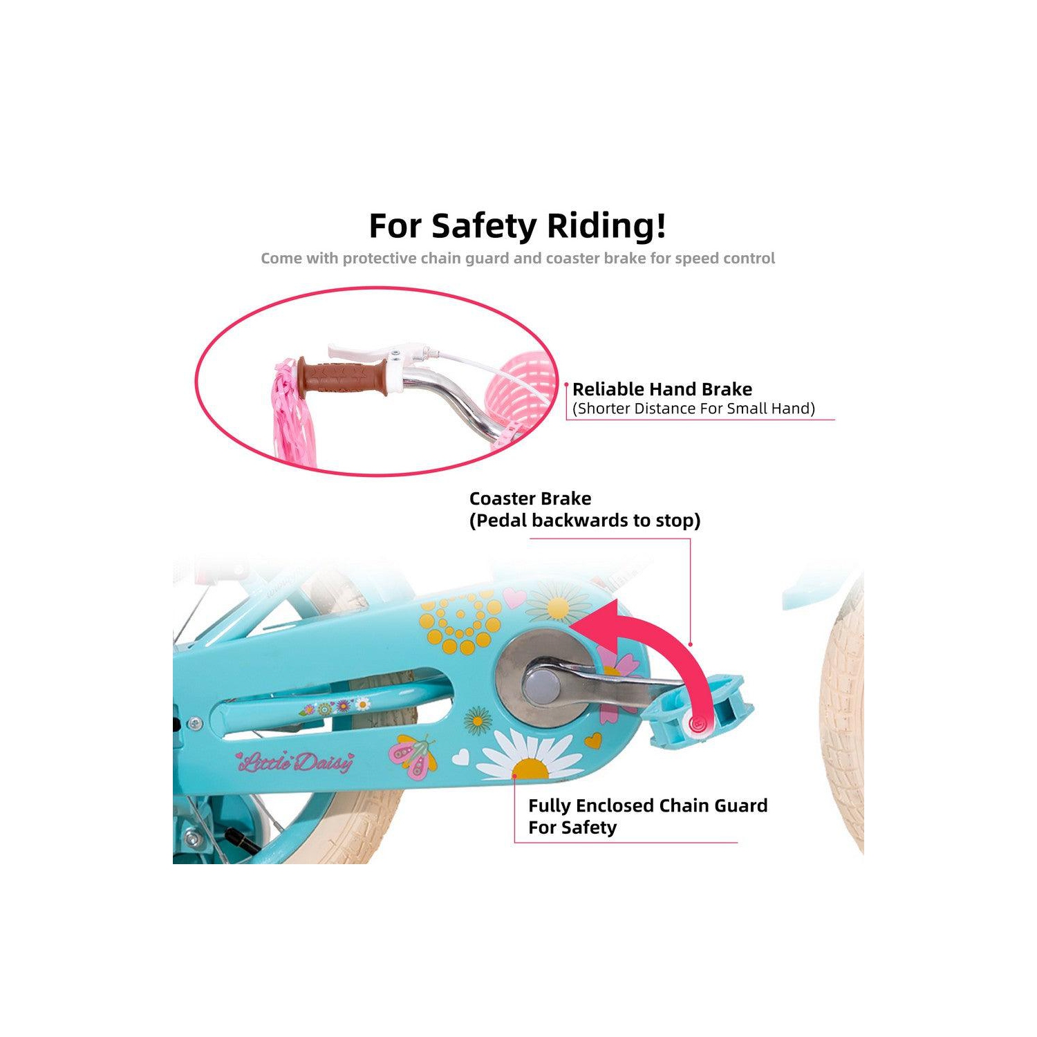 JOYSTAR Little Daisy 14 Inch Kids’ Bike with Training Wheels, Doll Seat, Basket, Streamers, Princess Style for Girls 3-5 Years, Blue