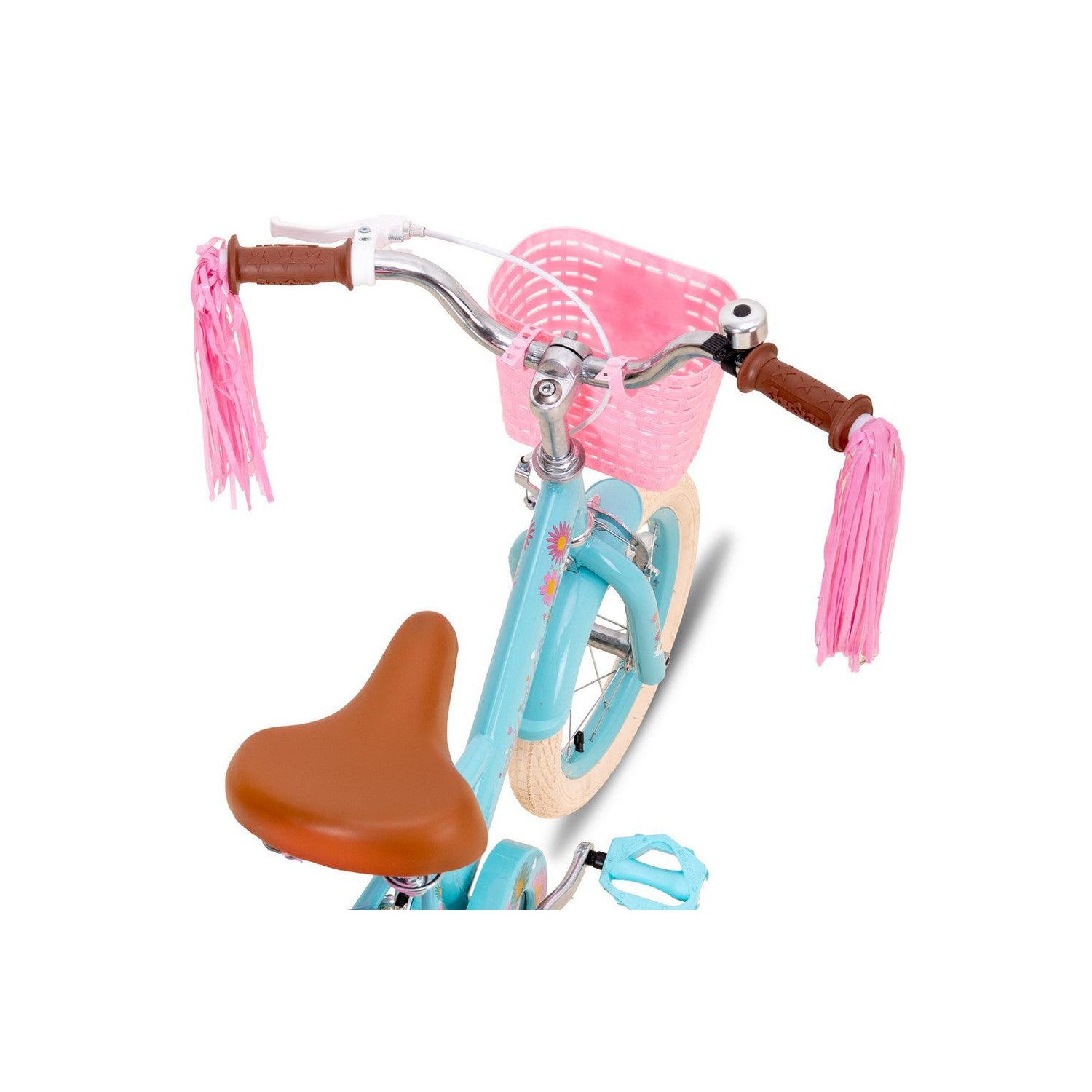 JOYSTAR Little Daisy 14 Inch Kids’ Bike with Training Wheels, Doll Seat, Basket, Streamers, Princess Style for Girls 3-5 Years, Blue