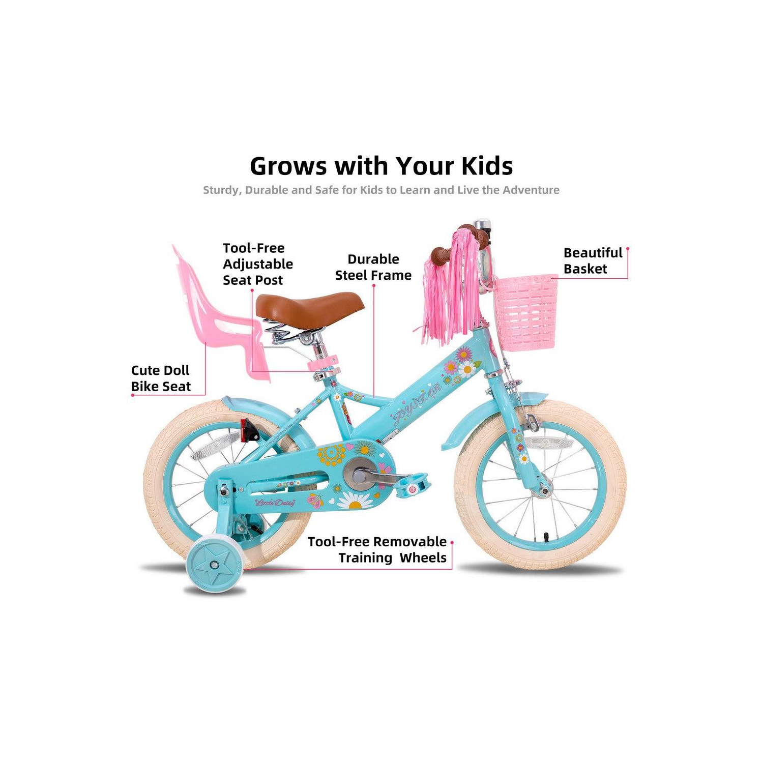 JOYSTAR Little Daisy 16 Inch Toddler Bicycle with Training Wheels, Doll Seat, Basket, Streamers, Princess Look for Girls 4-7 Years, Blue