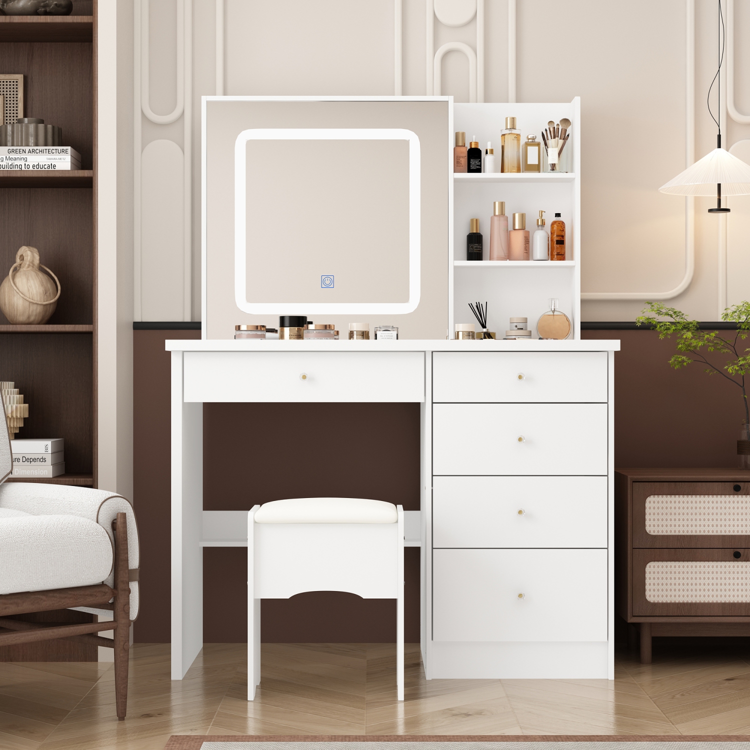 Homsee – Table à langer à 5 tiroirs avec tablettes de rangement, tabouret rembourré inclus, modèle compact pour chambre à coucher, blanc