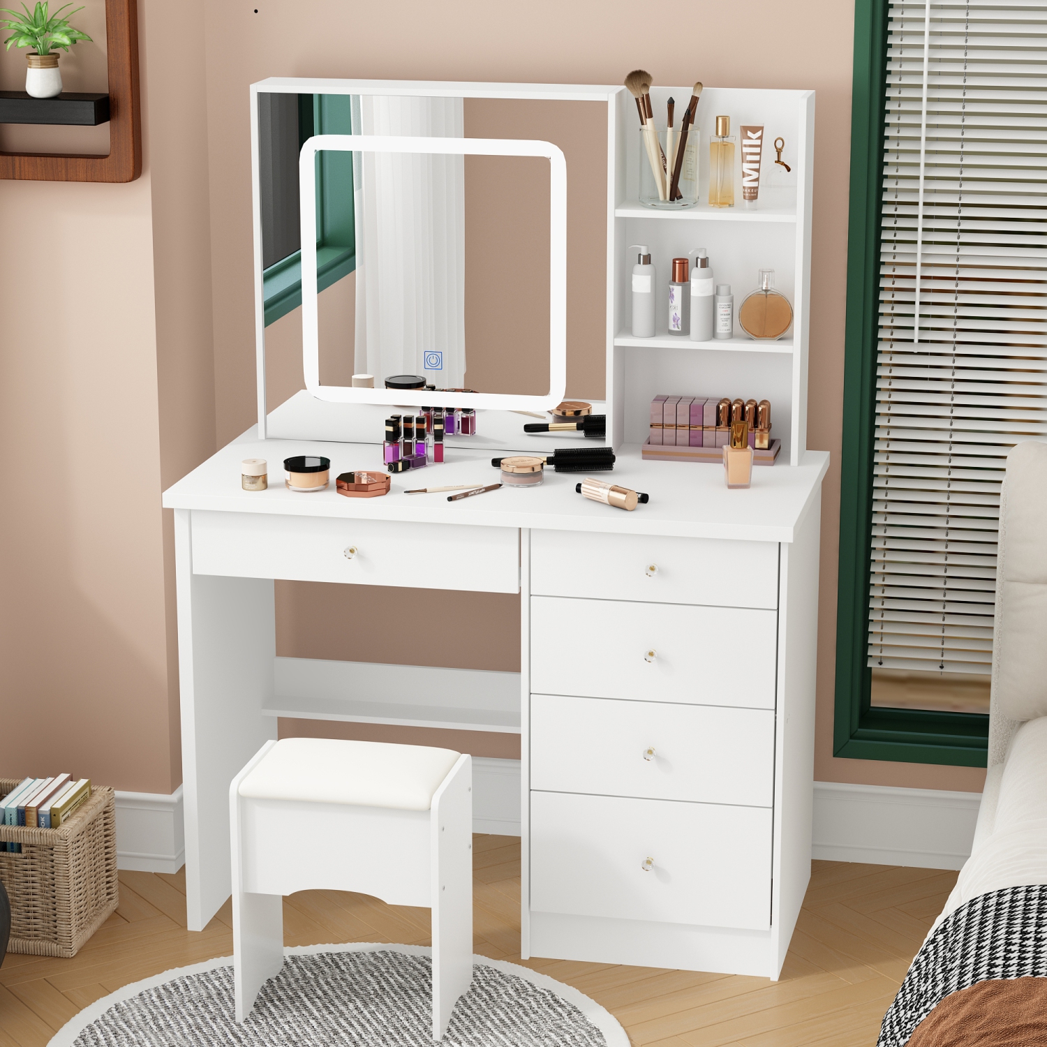Homsee – Table à langer à 5 tiroirs avec tablettes de rangement, tabouret rembourré inclus, modèle compact pour chambre à coucher, blanc