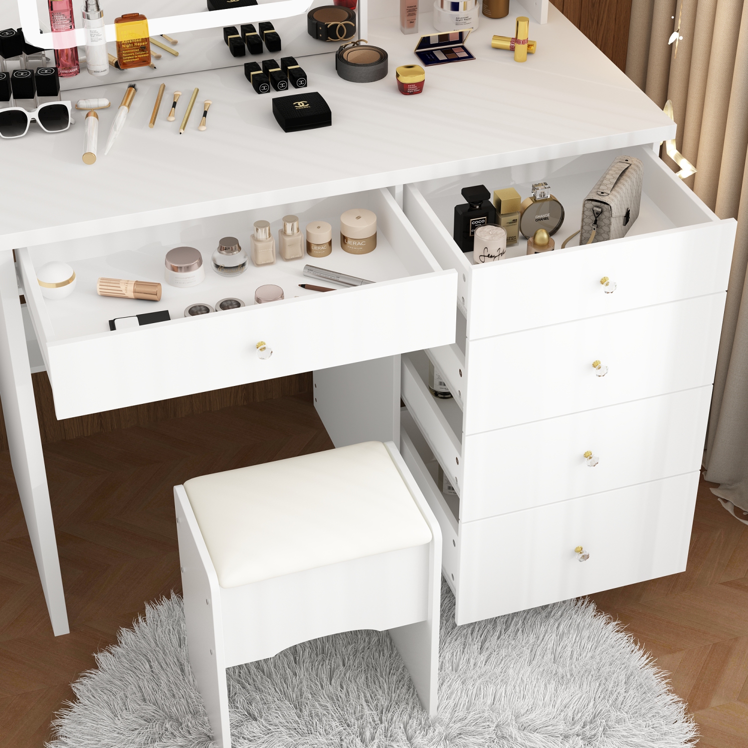 Homsee – Table à langer à 5 tiroirs avec tablettes de rangement, tabouret rembourré inclus, modèle compact pour chambre à coucher, blanc